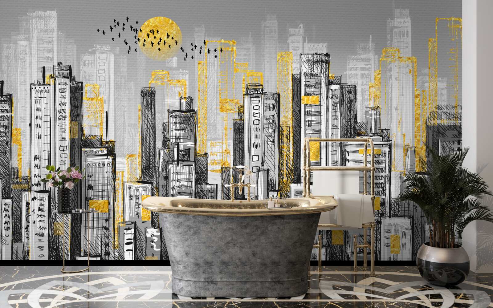 Fototapet oraș gri în lumina galbenă a serii
