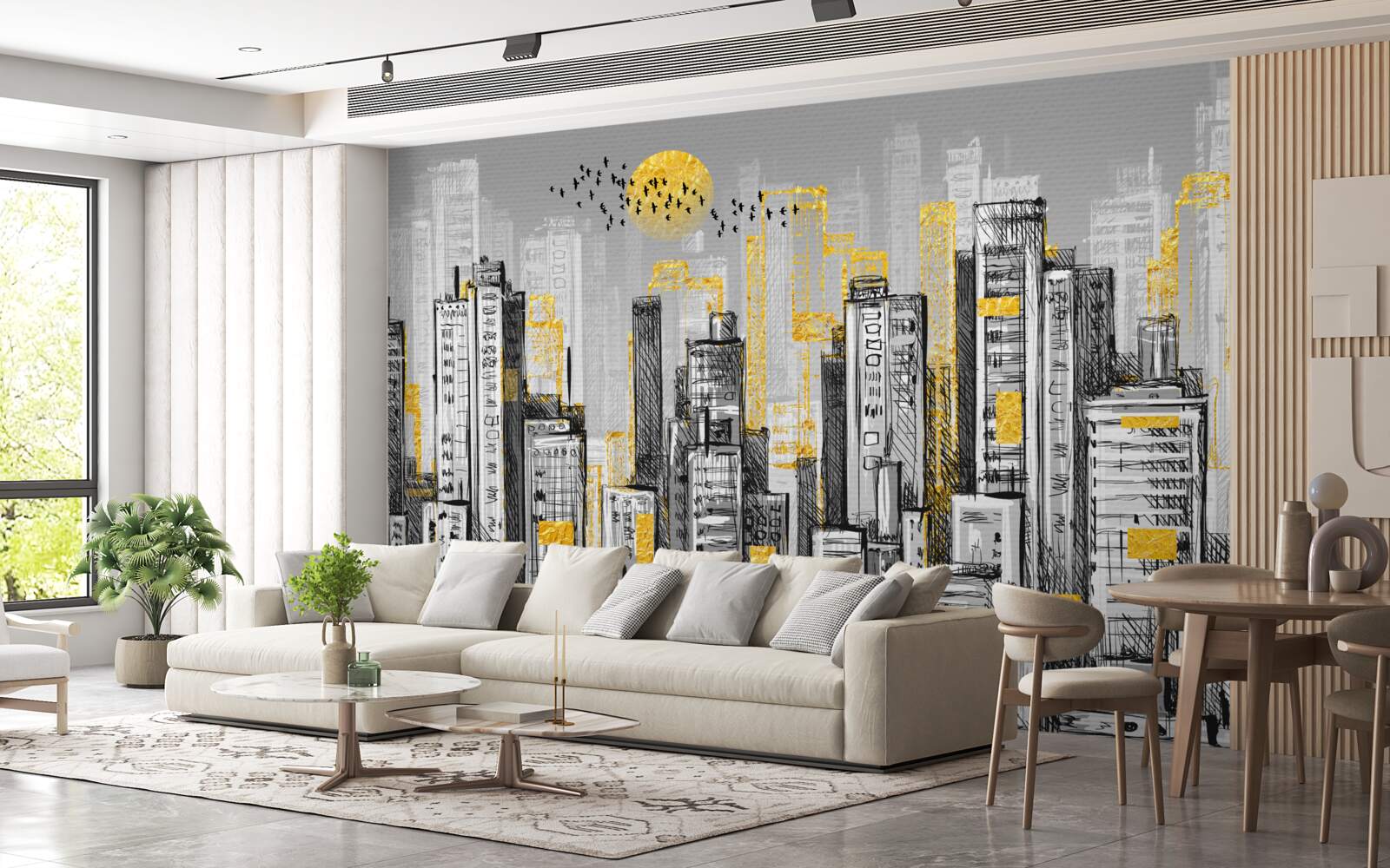 Fototapet oraș gri în lumina galbenă a serii