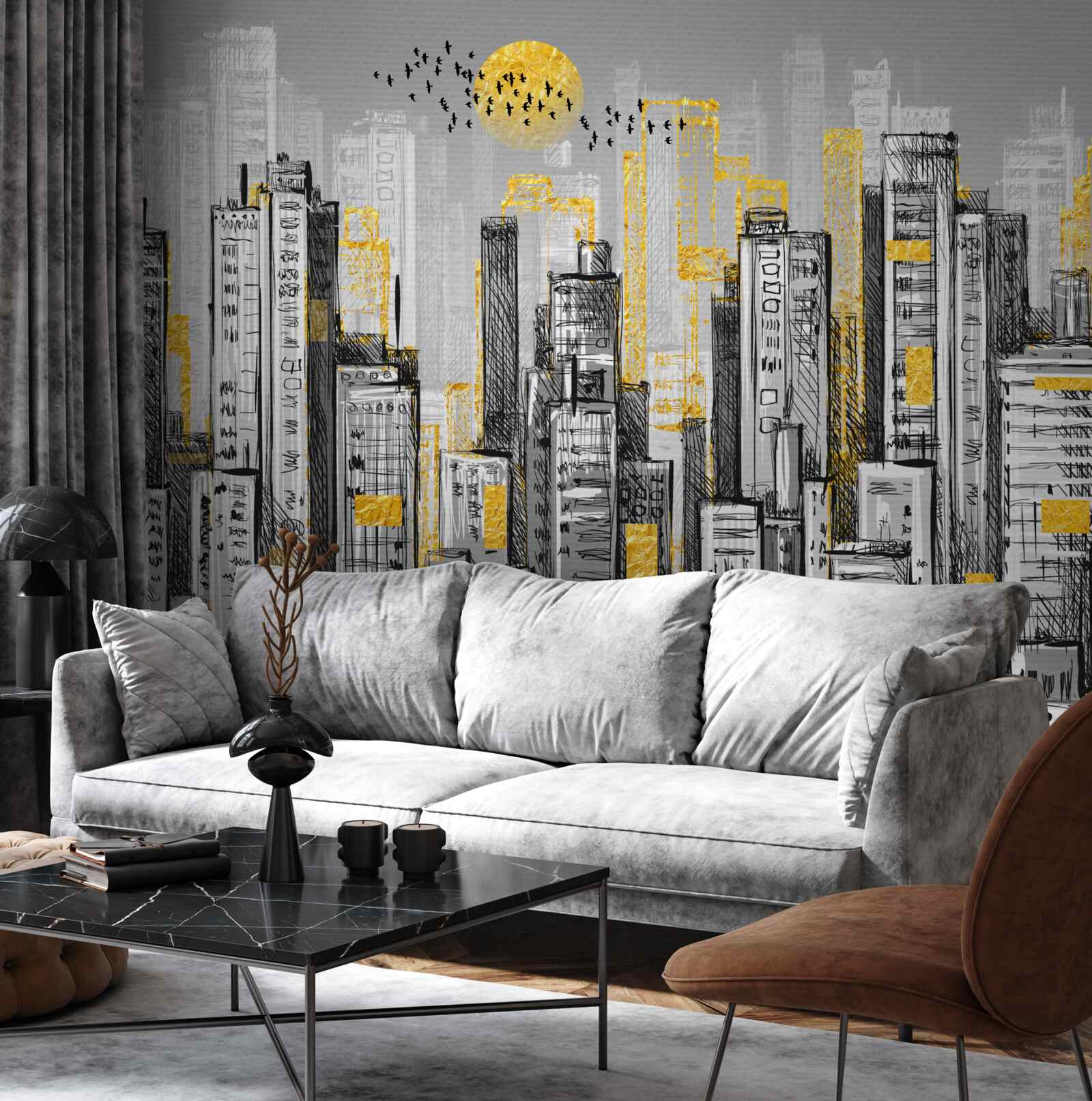 Fototapet oraș gri în lumina galbenă a serii