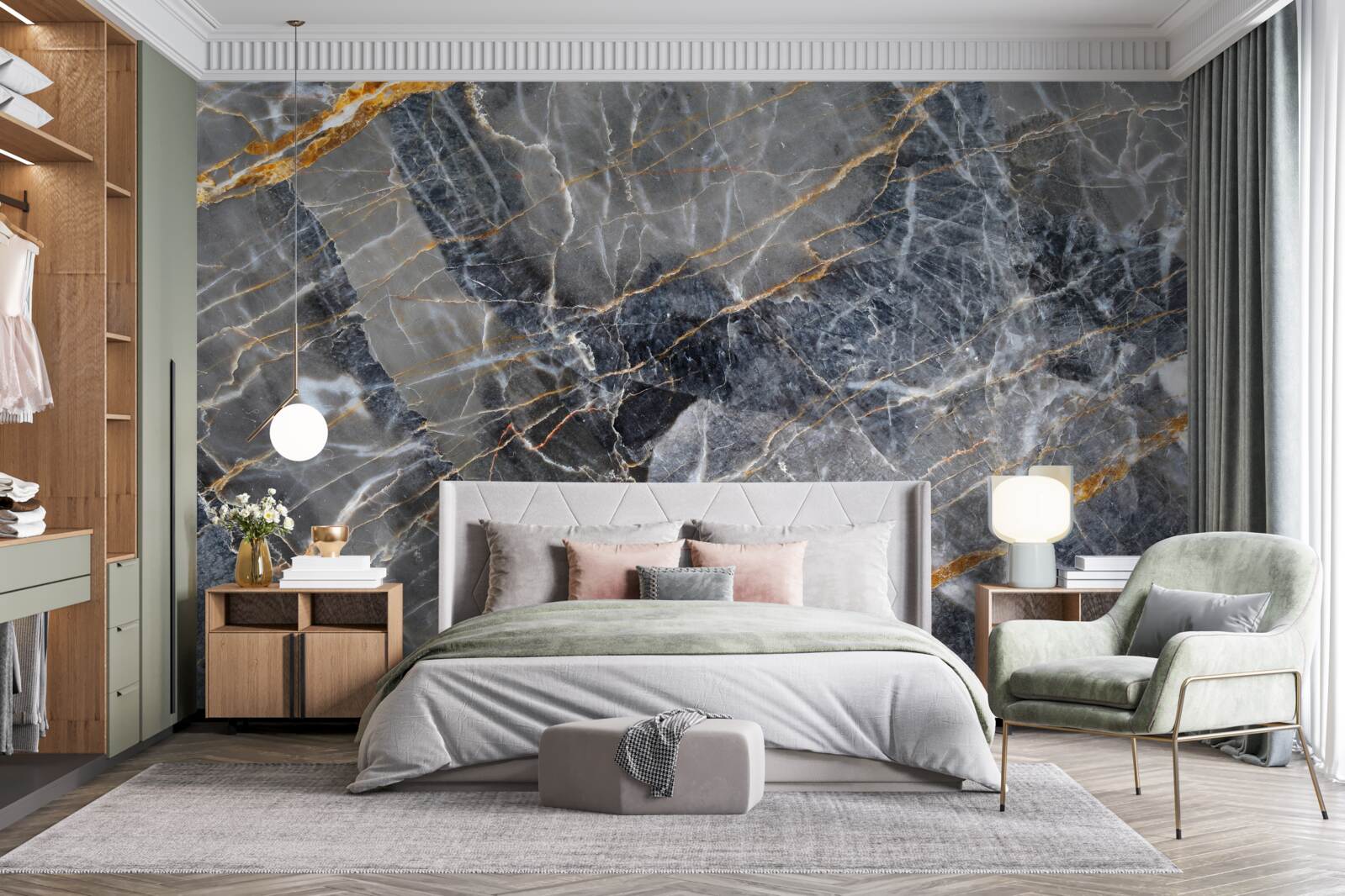 Fototapet marmură neagră cu nervuri aurii