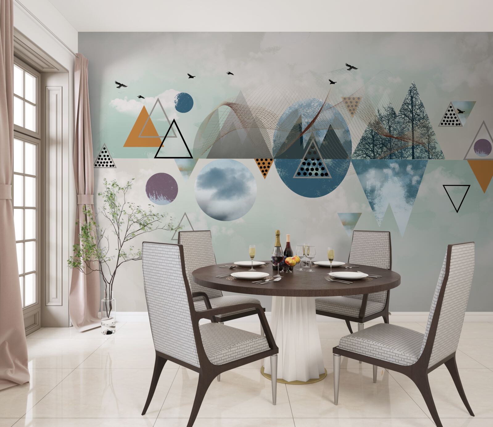 Fototapet o pădure în munți și o întindere de cer azuriu