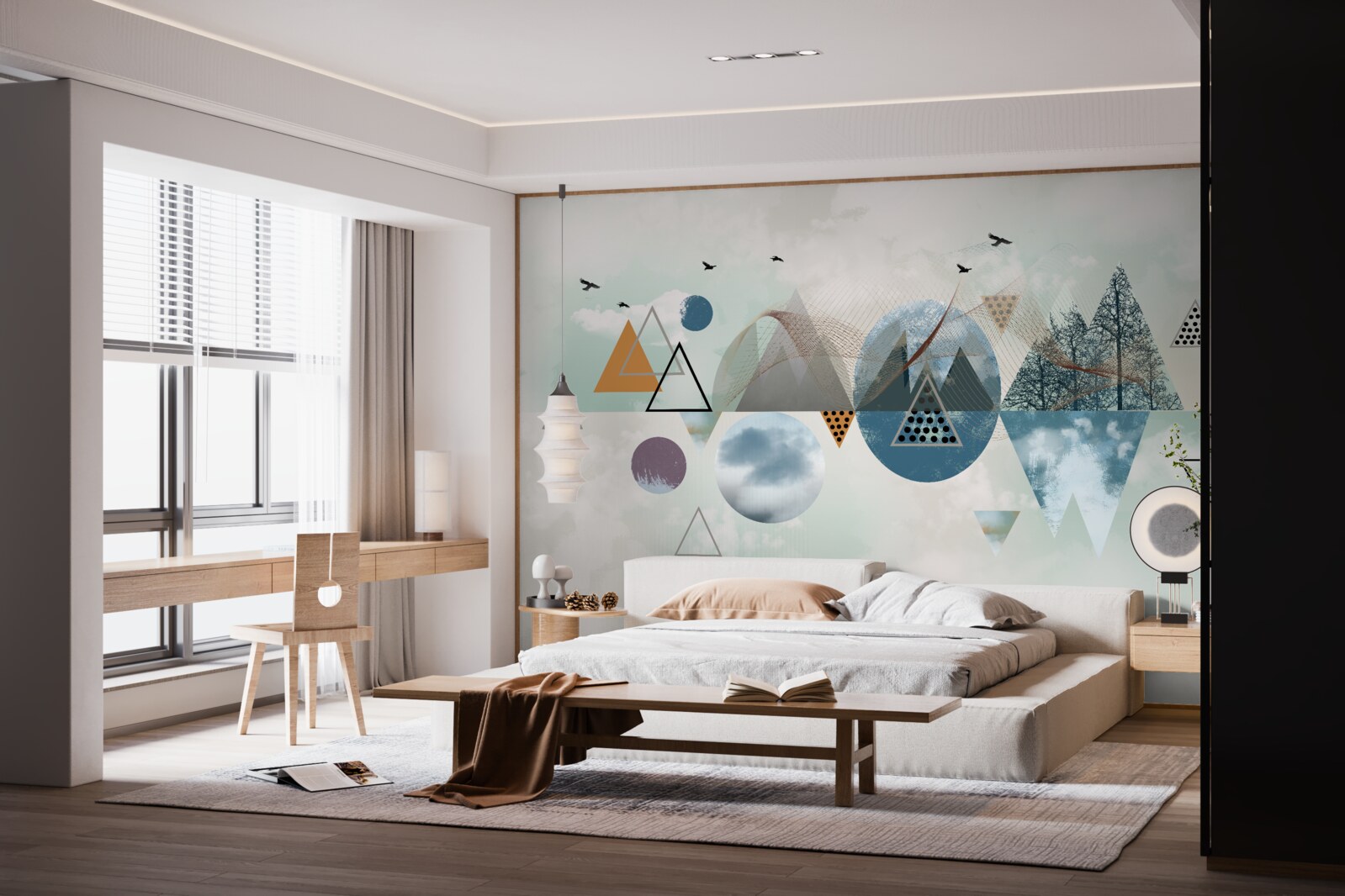 Fototapet o pădure în munți și o întindere de cer azuriu