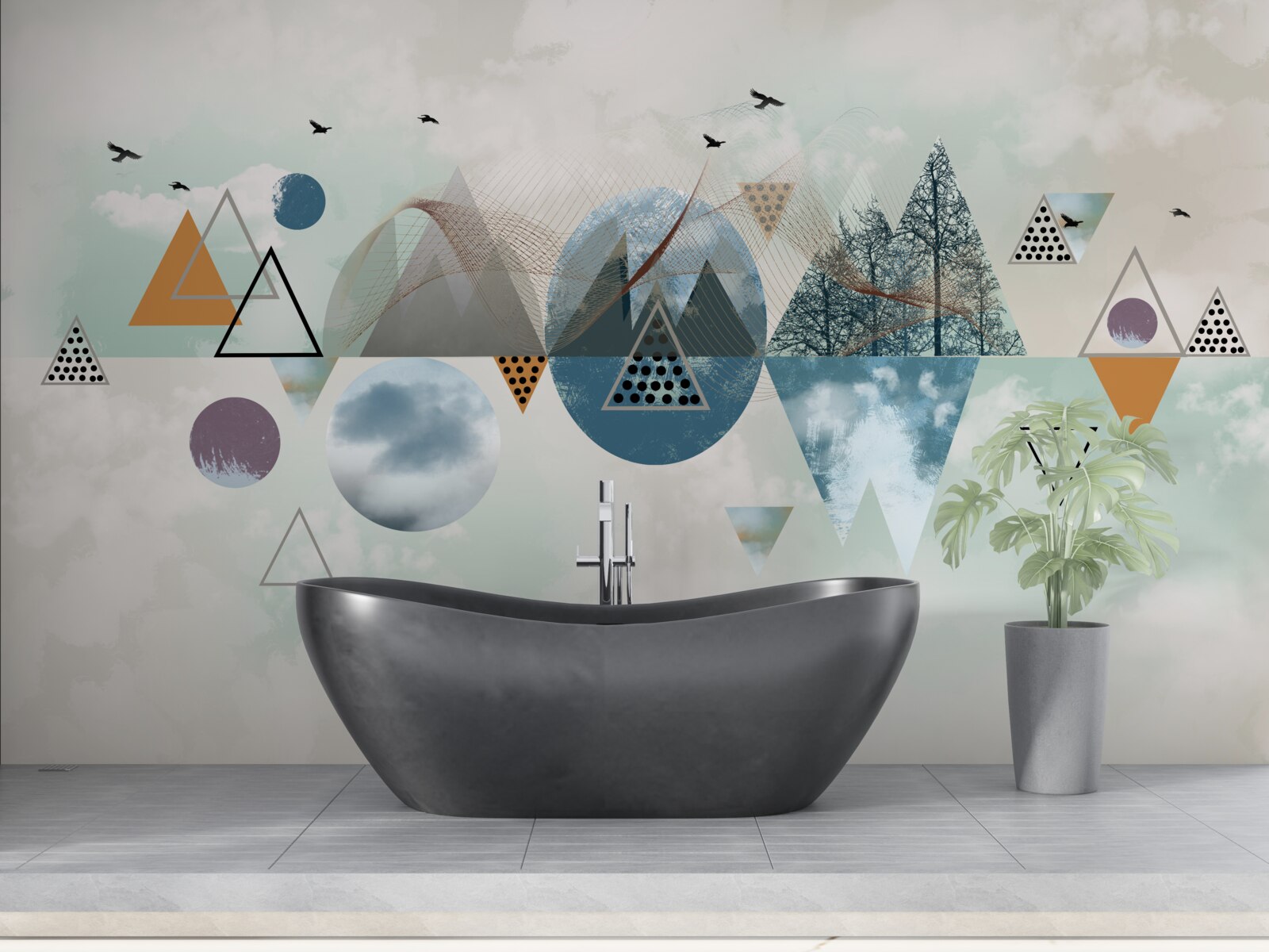 Fototapet o pădure în munți și o întindere de cer azuriu