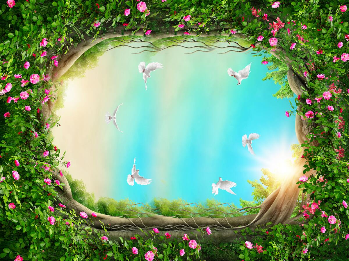 Fototapet într-un cadru verde de flori, porumbeii planează pe cer