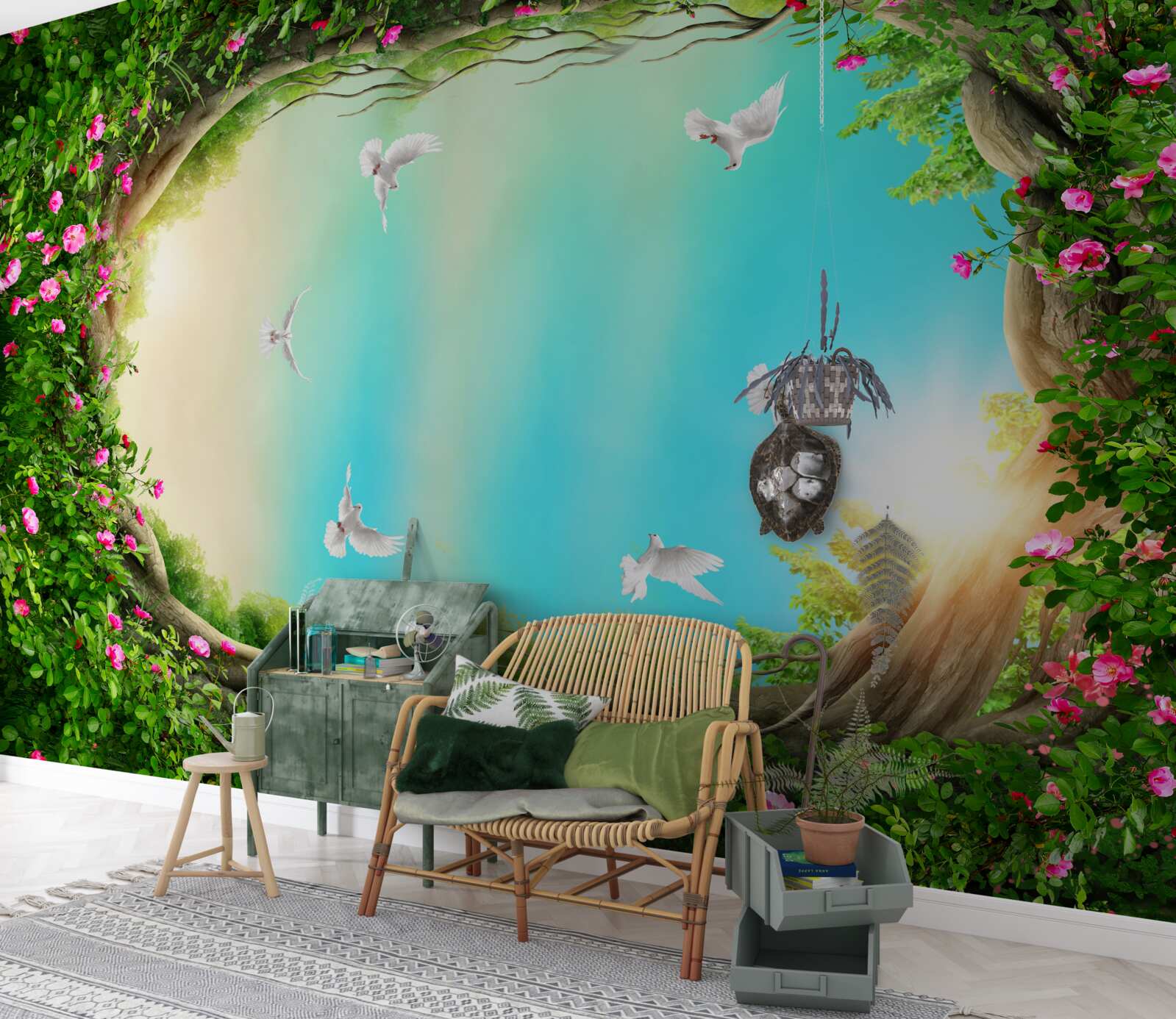 Fototapet într-un cadru verde de flori, porumbeii planează pe cer