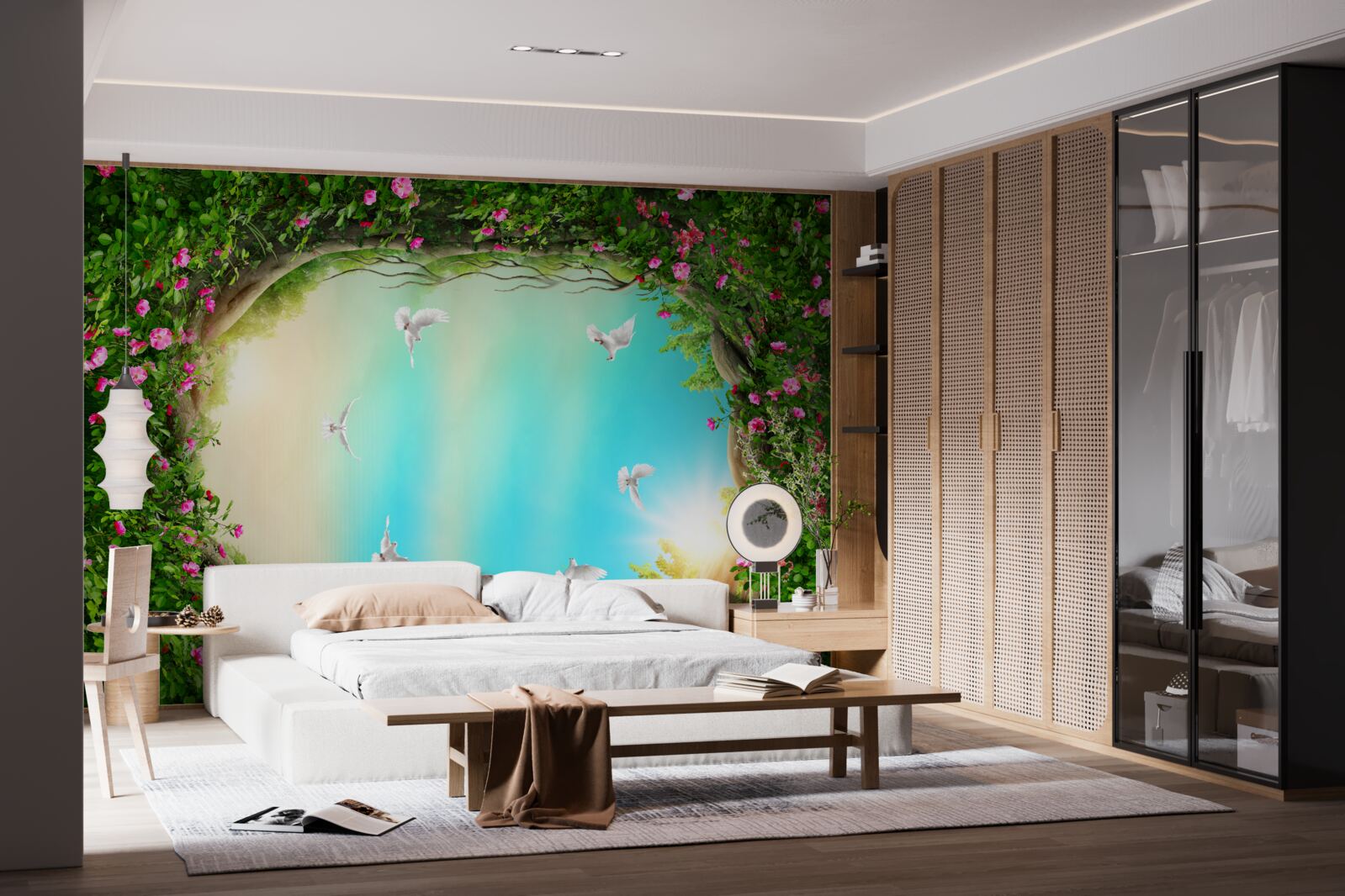 Fototapet într-un cadru verde de flori, porumbeii planează pe cer