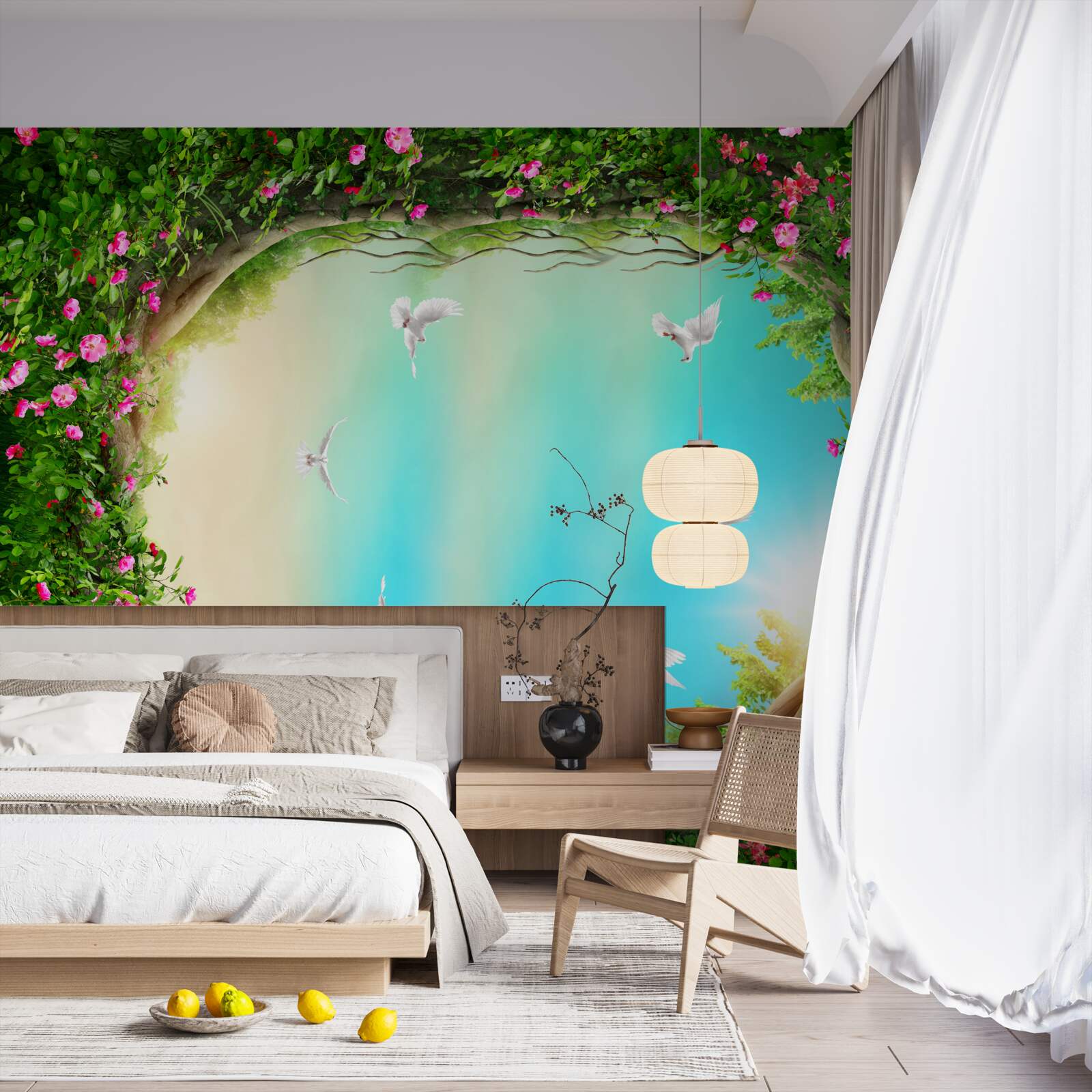 Fototapet într-un cadru verde de flori, porumbeii planează pe cer