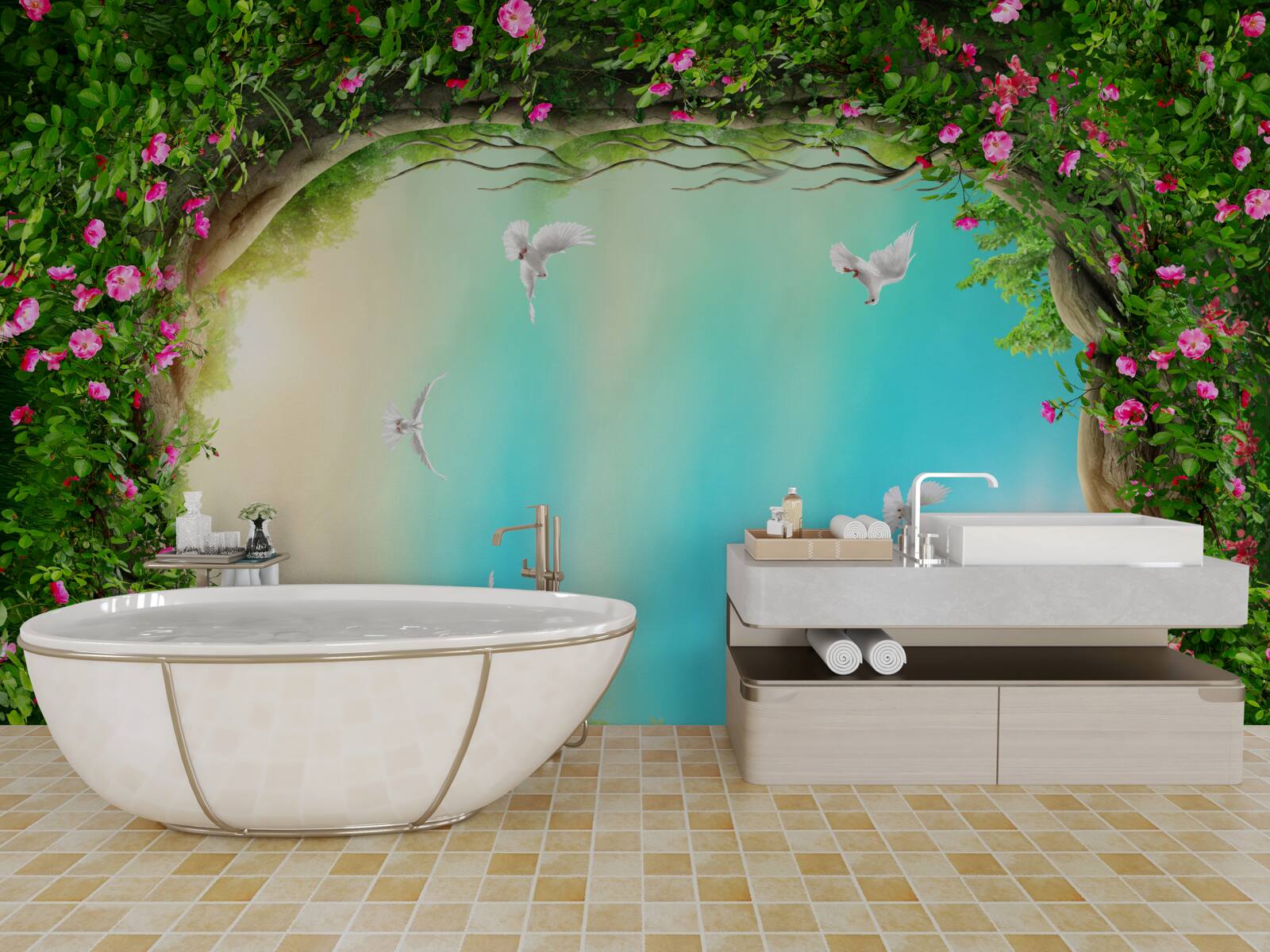 Fototapet într-un cadru verde de flori, porumbeii planează pe cer