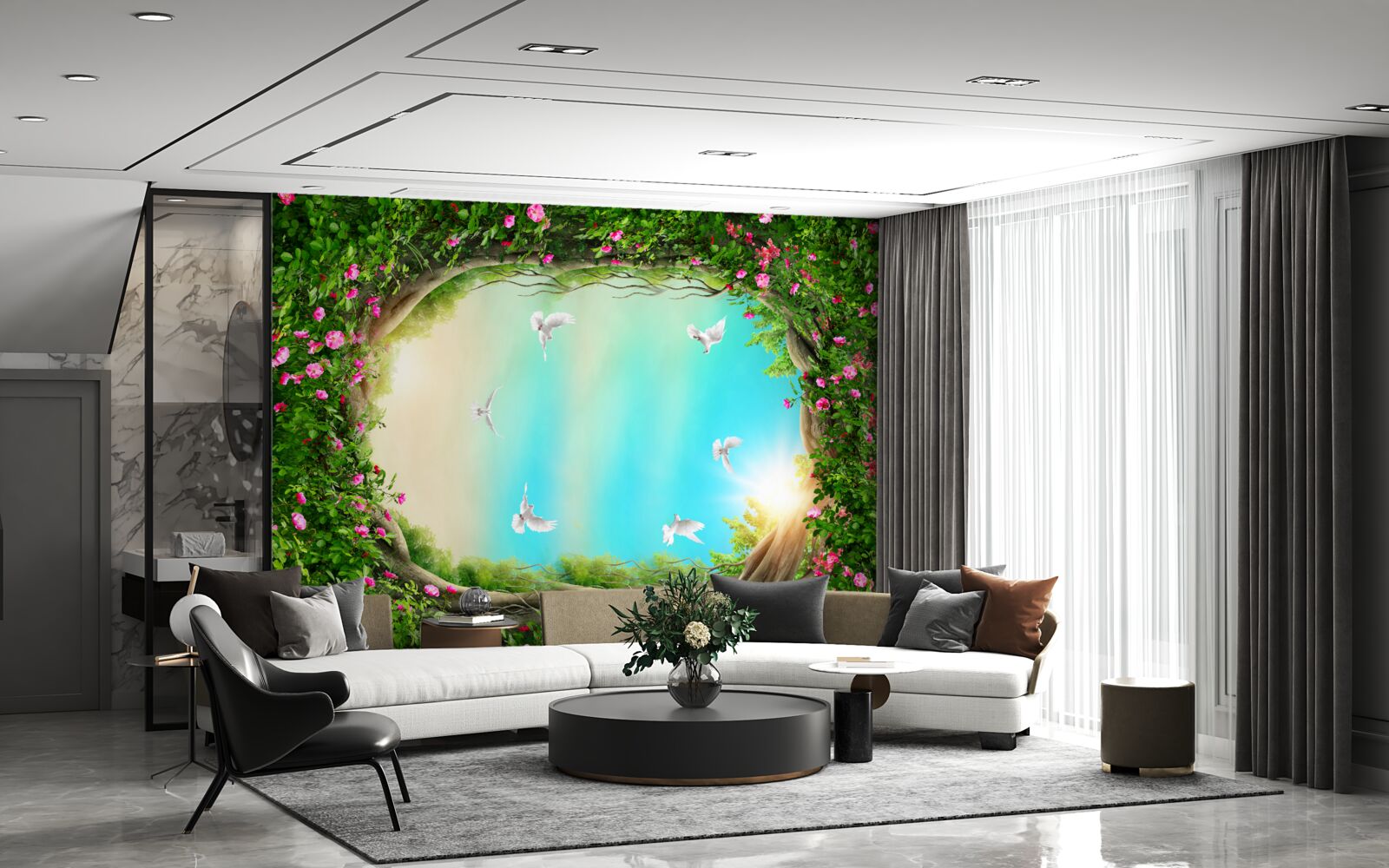 Fototapet într-un cadru verde de flori, porumbeii planează pe cer