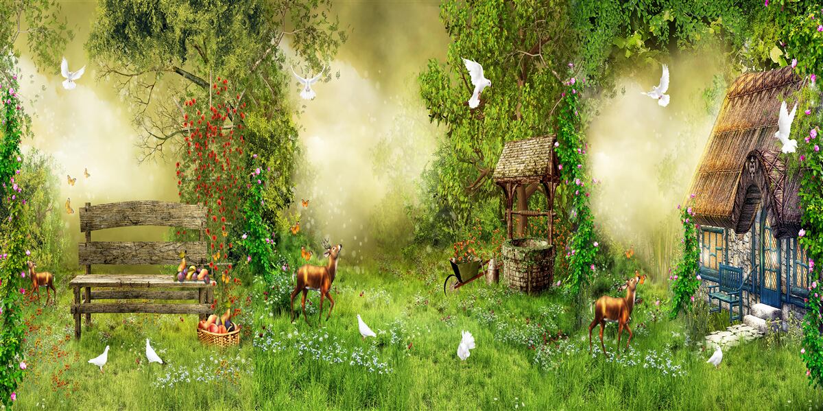 Fototapet cabană magică printre copaci