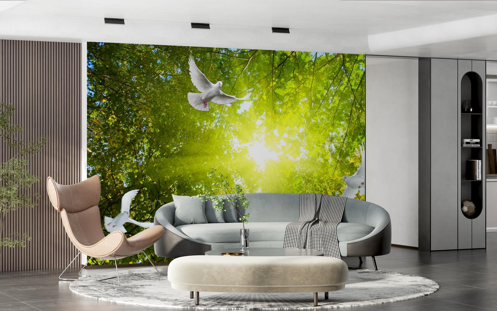 Fototapet păsările zboară în adâncul pădurii