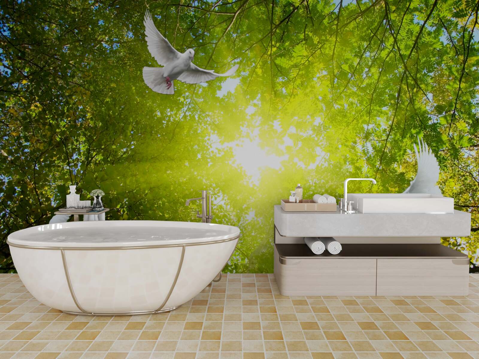 Fototapet păsările zboară în adâncul pădurii