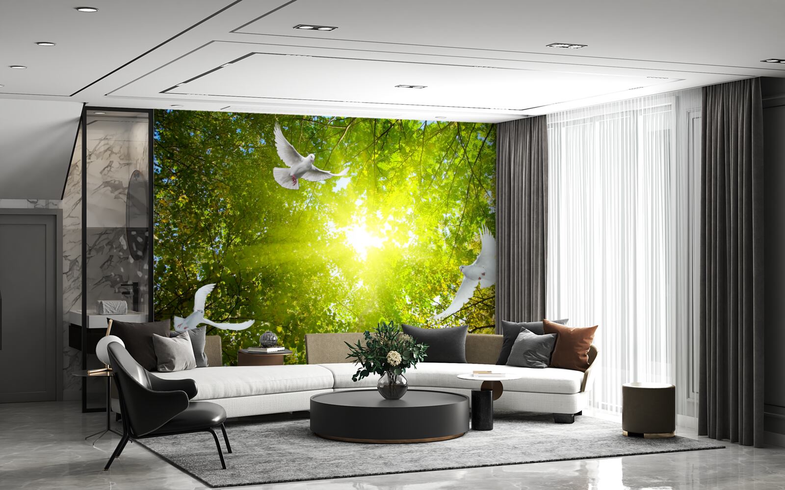 Fototapet păsările zboară în adâncul pădurii