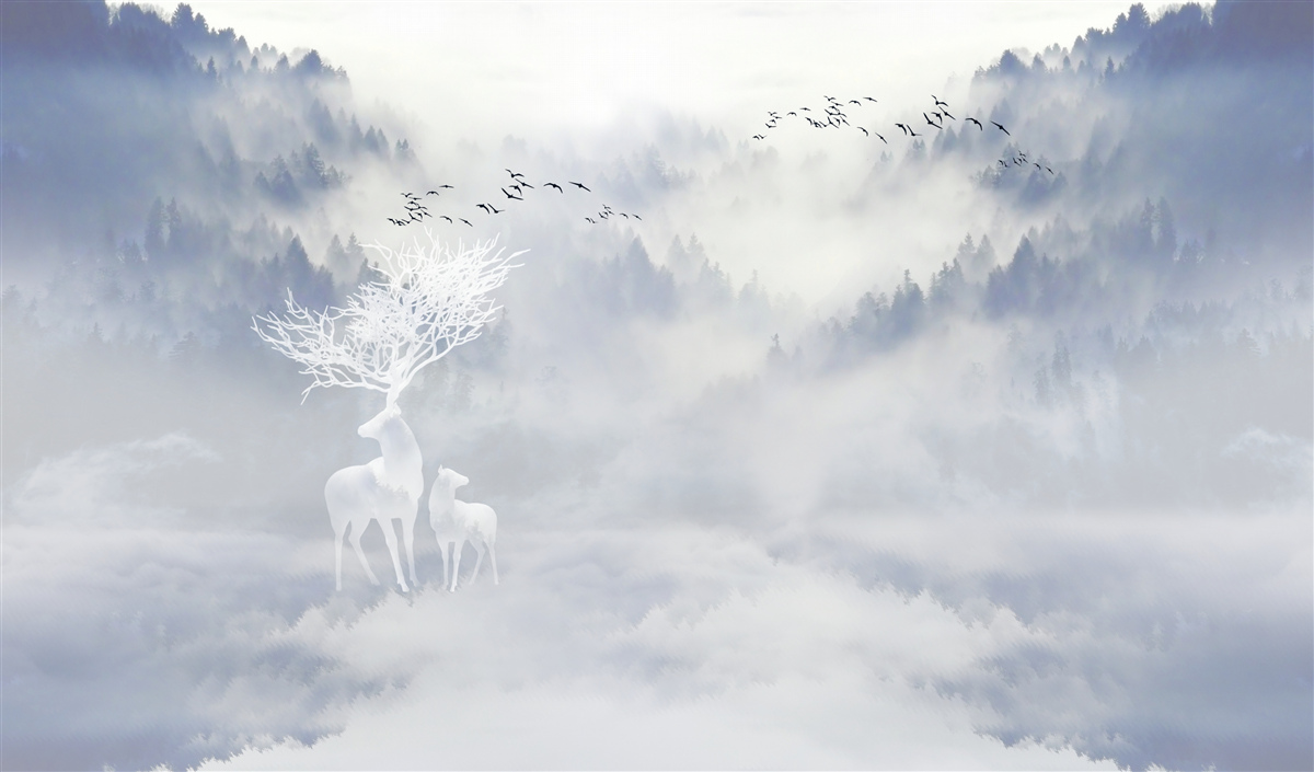 Fototapet pădurea cețoasă era locuită de o familie nobilă de căprioare