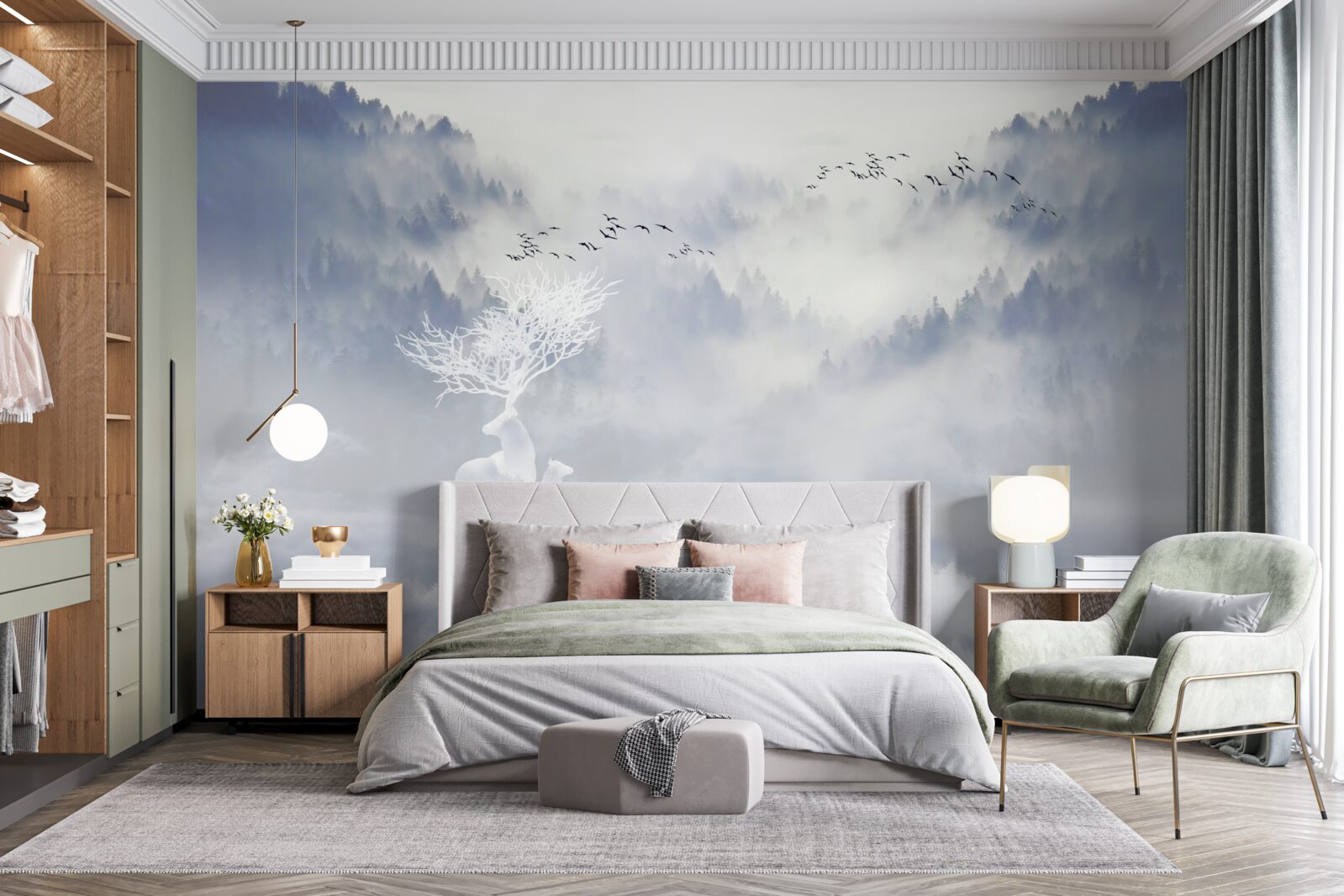 Fototapet pădurea cețoasă era locuită de o familie nobilă de căprioare