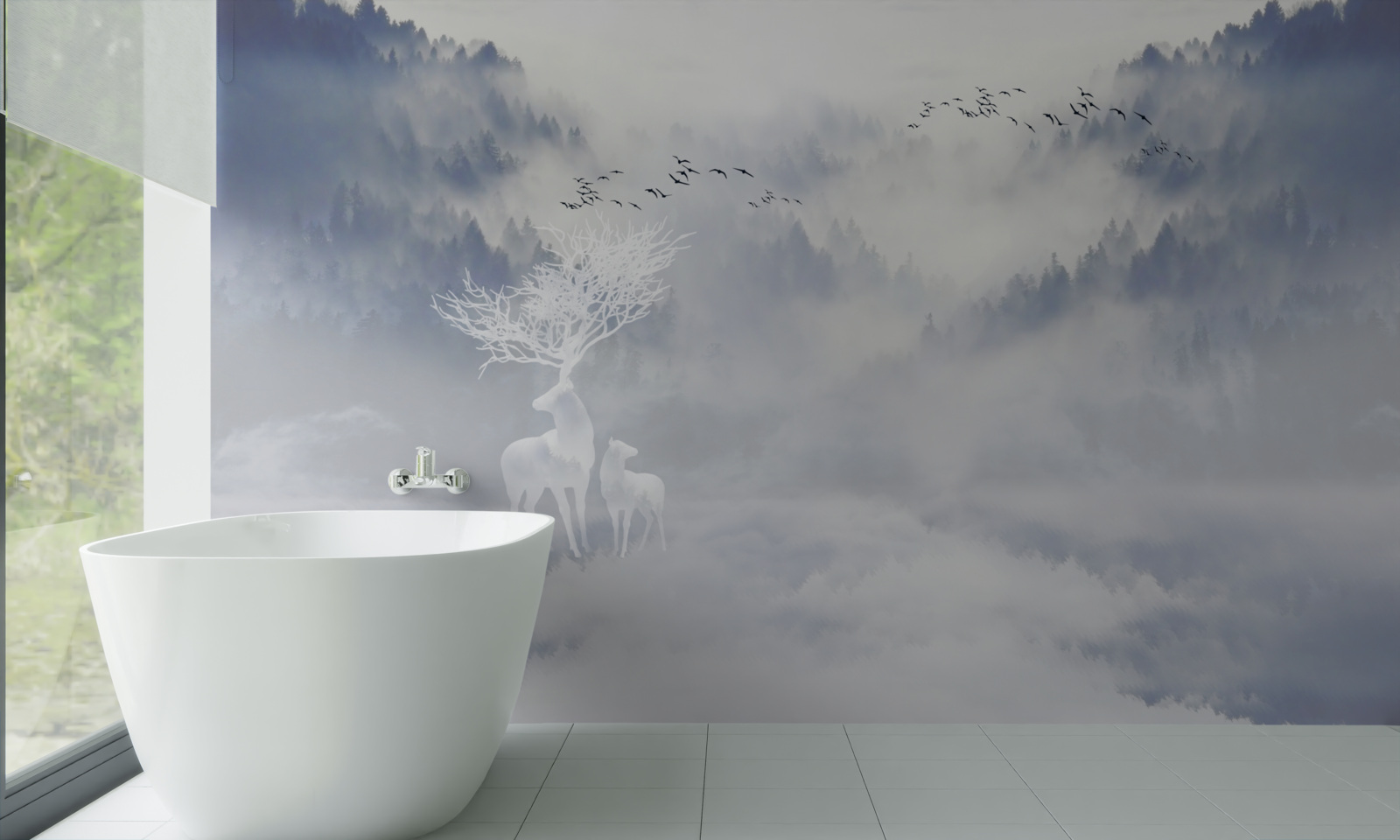 Fototapet pădurea cețoasă era locuită de o familie nobilă de căprioare