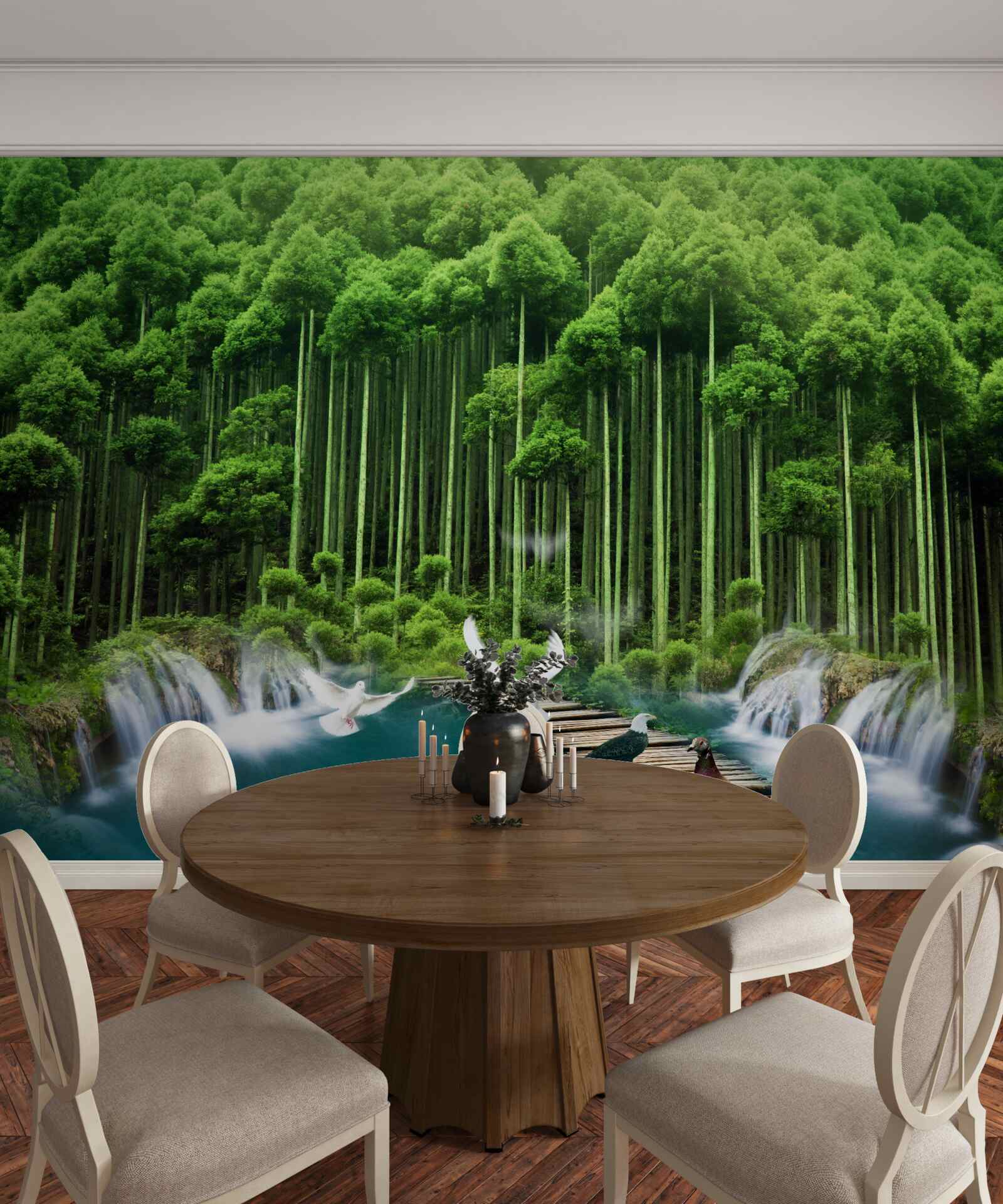 Fototapet o gaură de apă într-un tufiș verde unde s-au adunat păsările