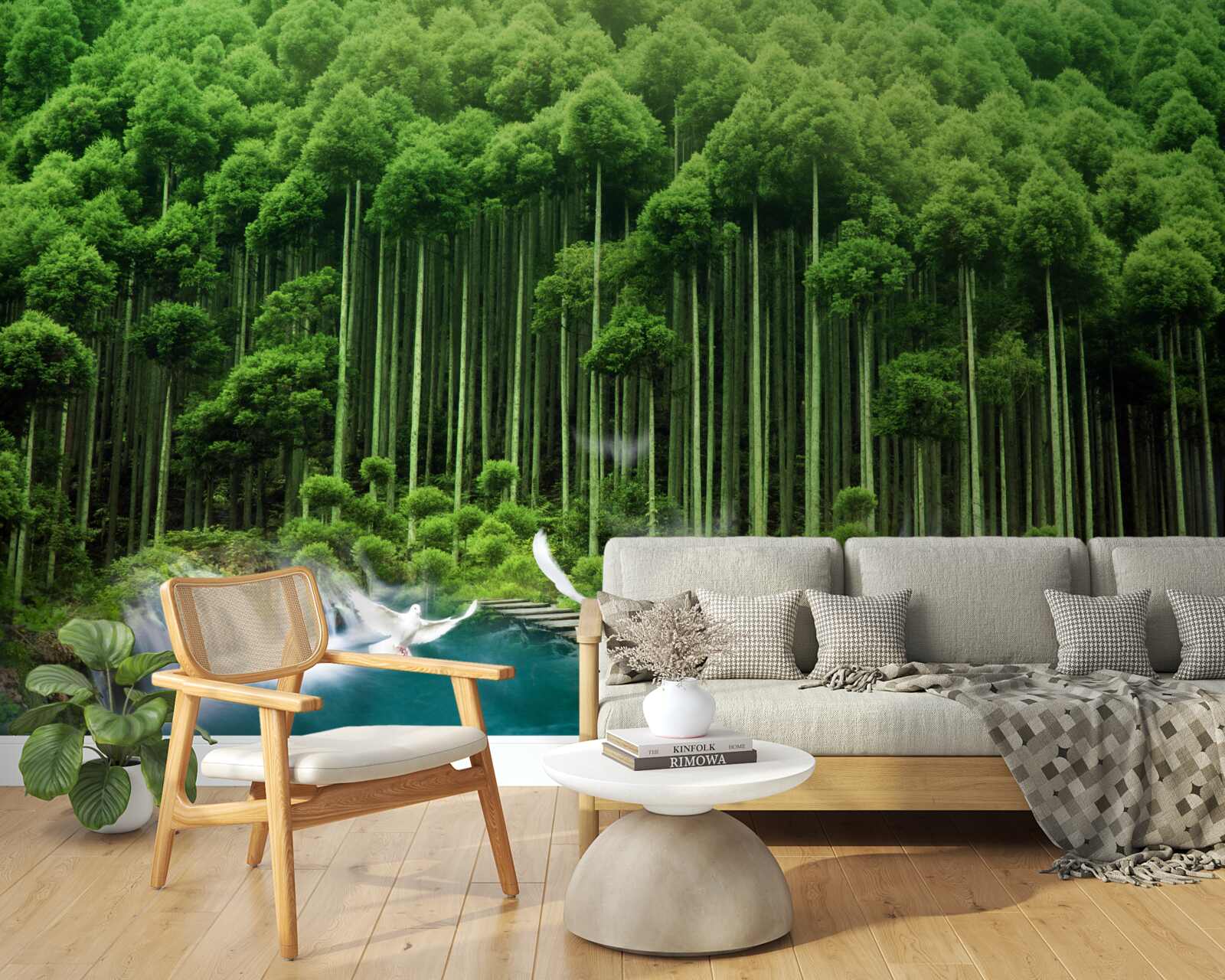 Fototapet o gaură de apă într-un tufiș verde unde s-au adunat păsările