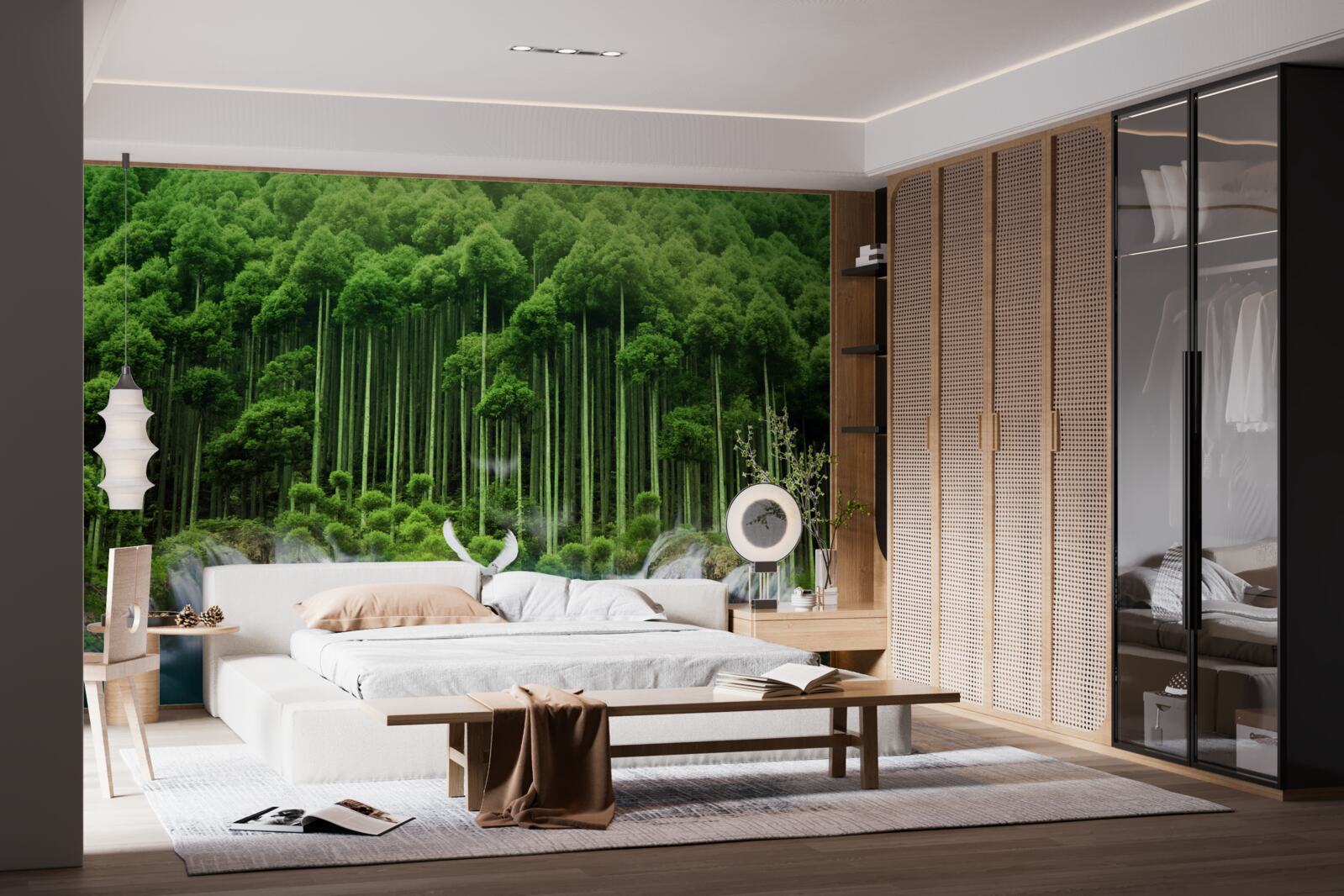 Fototapet o gaură de apă într-un tufiș verde unde s-au adunat păsările