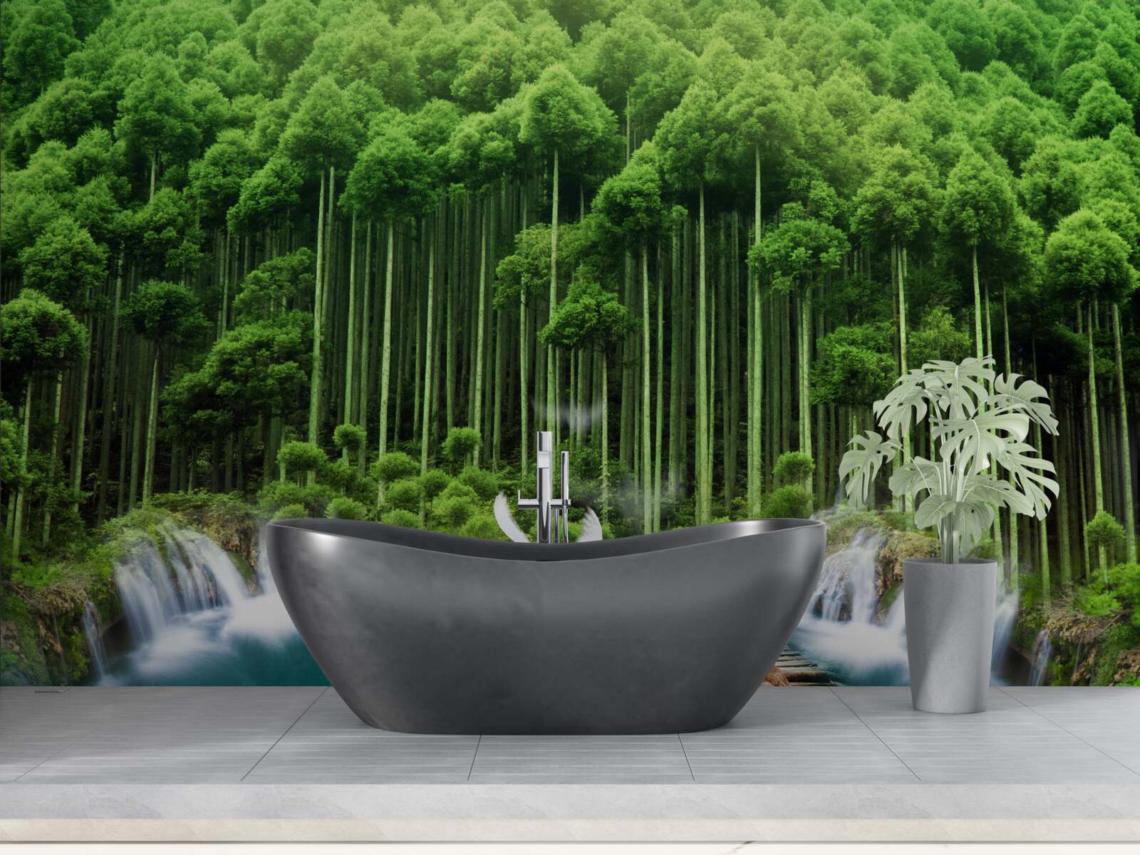 Fototapet o gaură de apă într-un tufiș verde unde s-au adunat păsările