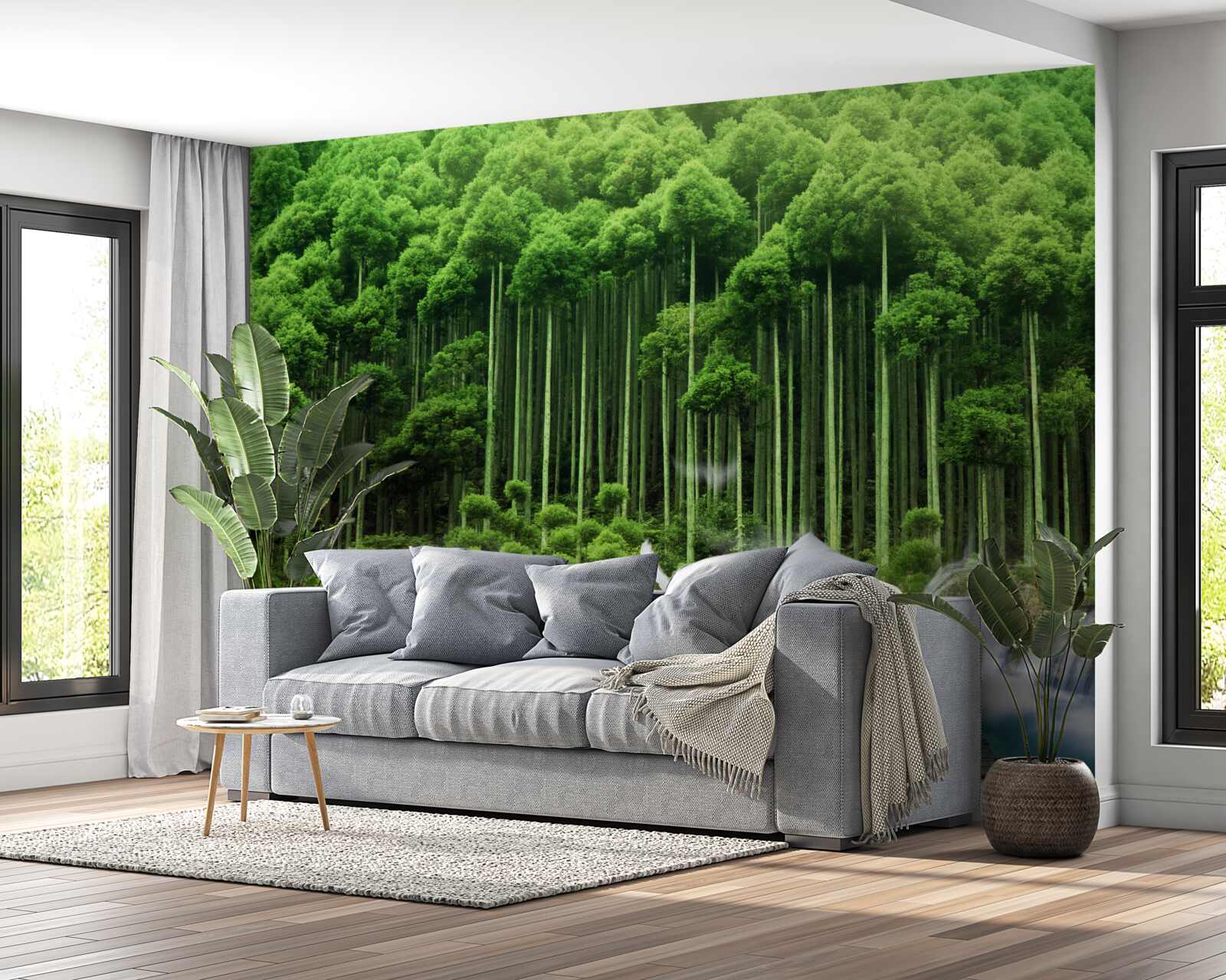 Fototapet o gaură de apă într-un tufiș verde unde s-au adunat păsările