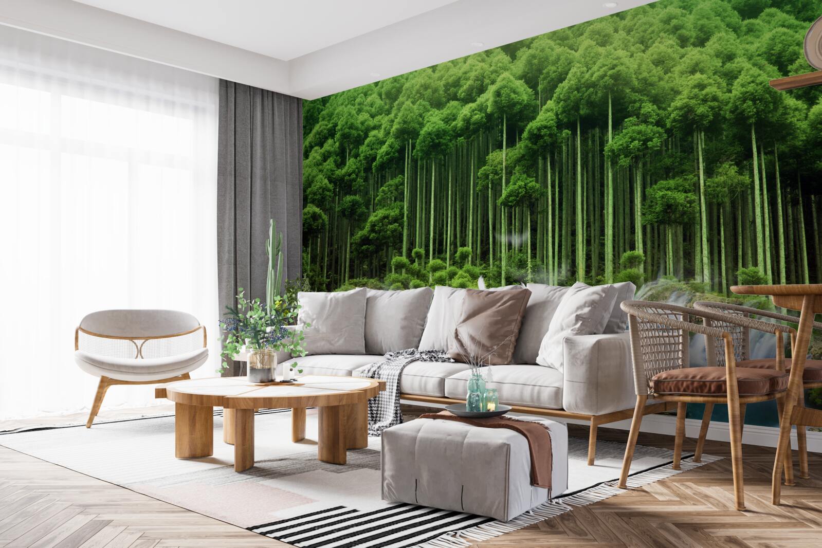 Fototapet o gaură de apă într-un tufiș verde unde s-au adunat păsările