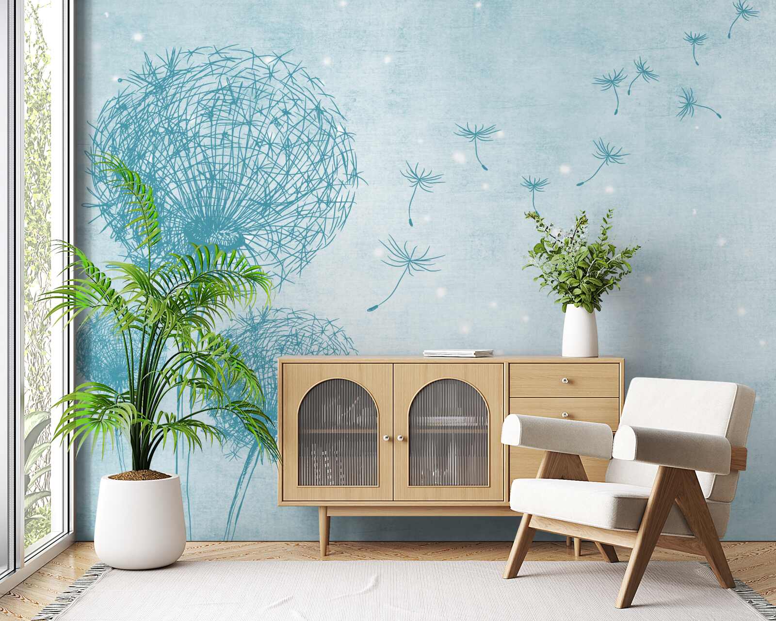 Fototapet păpădii care zboară pe cer