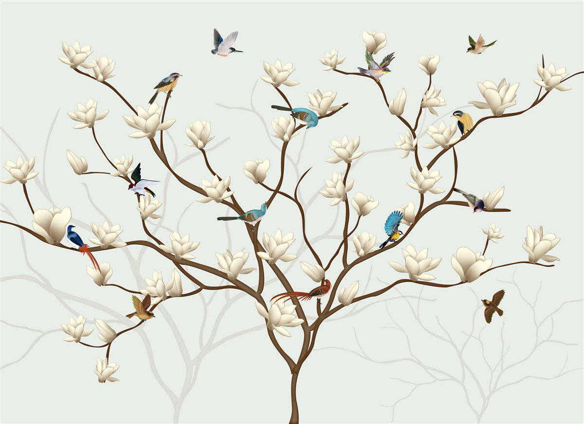 Fototapet magnolia este de culoare albă și este locuită de o varietate de păsări