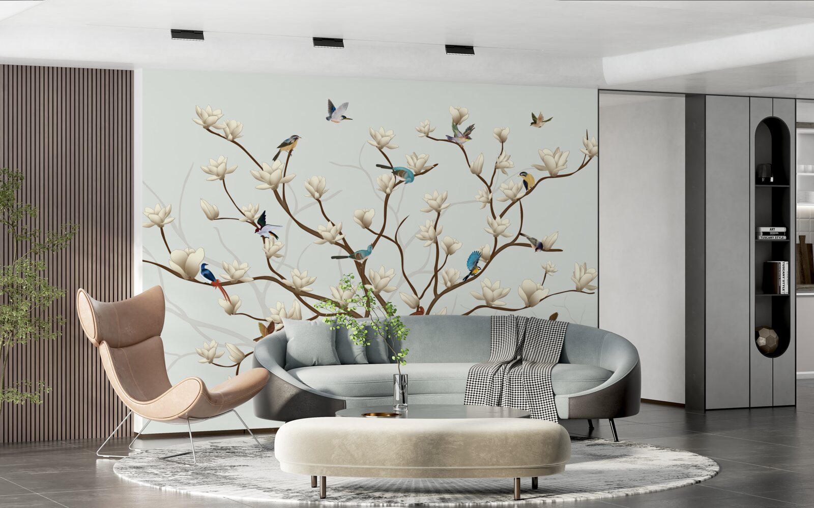 Fototapet magnolia este de culoare albă și este locuită de o varietate de păsări