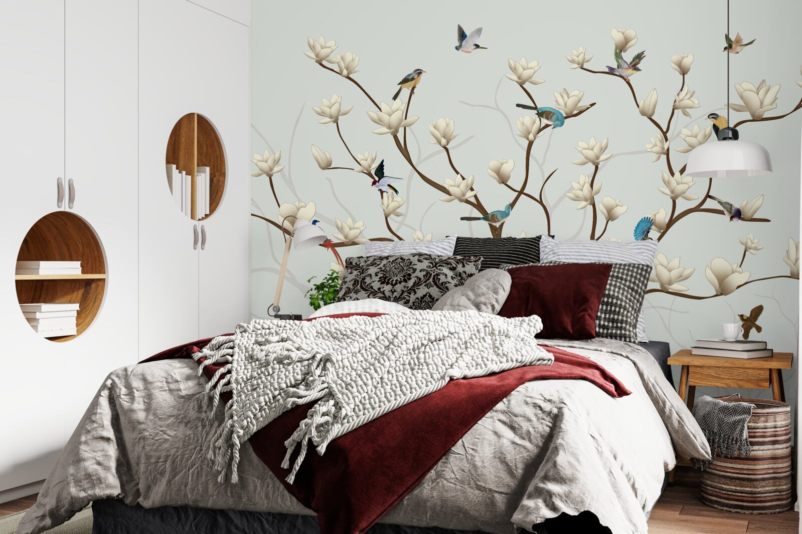 Fototapet magnolia este de culoare albă și este locuită de o varietate de păsări