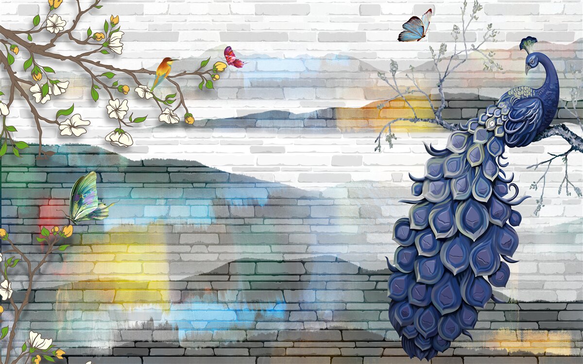 Fototapet abstracție de păun și ramuri de iasomie