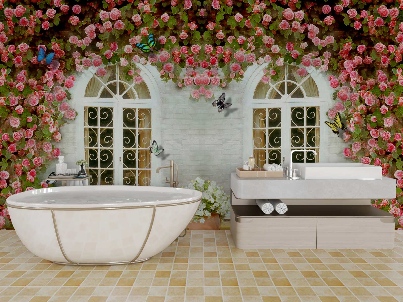 Fototapet ferestrele sunt înconjurate de trandafiri înfloriți