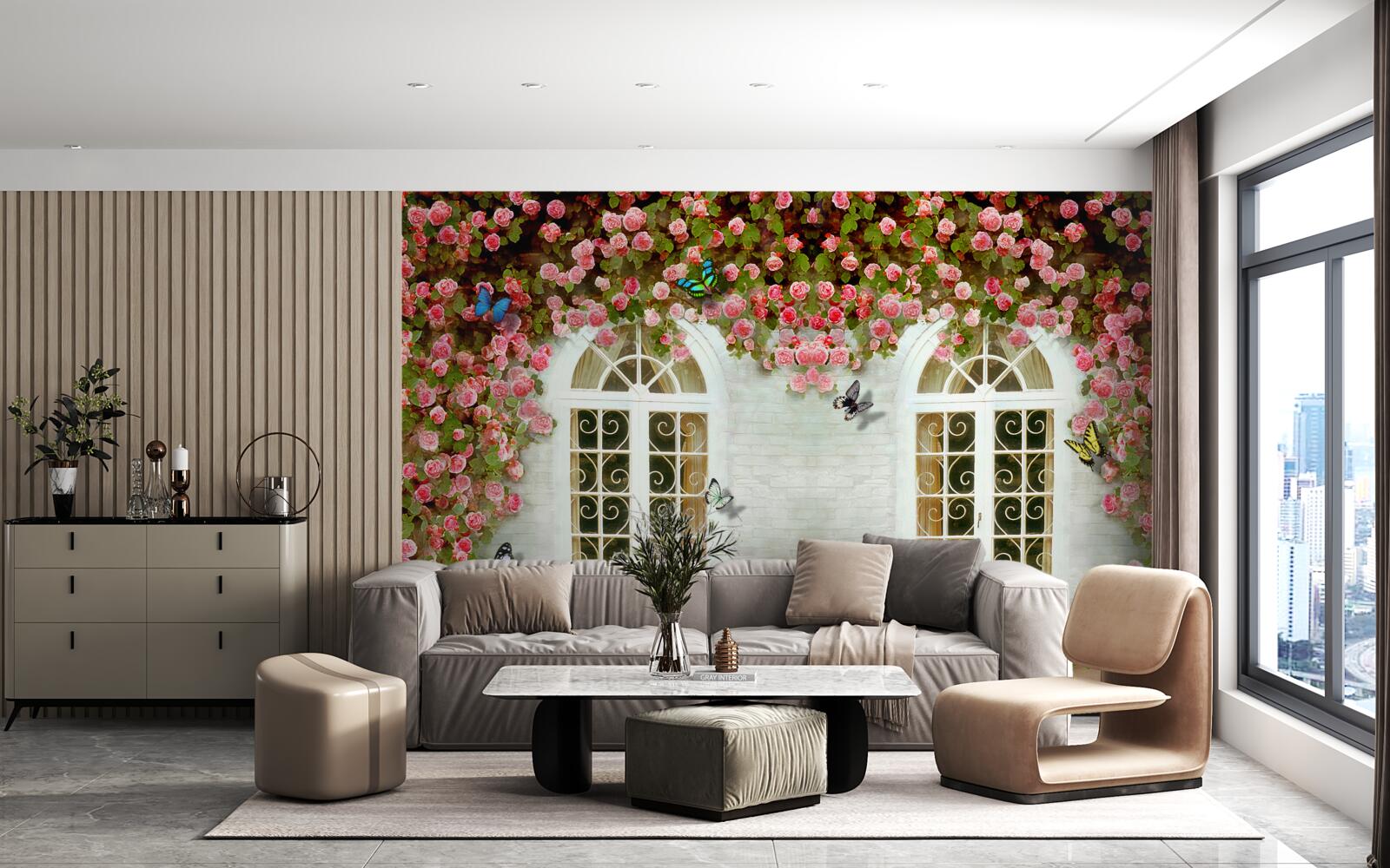 Fototapet ferestrele sunt înconjurate de trandafiri înfloriți