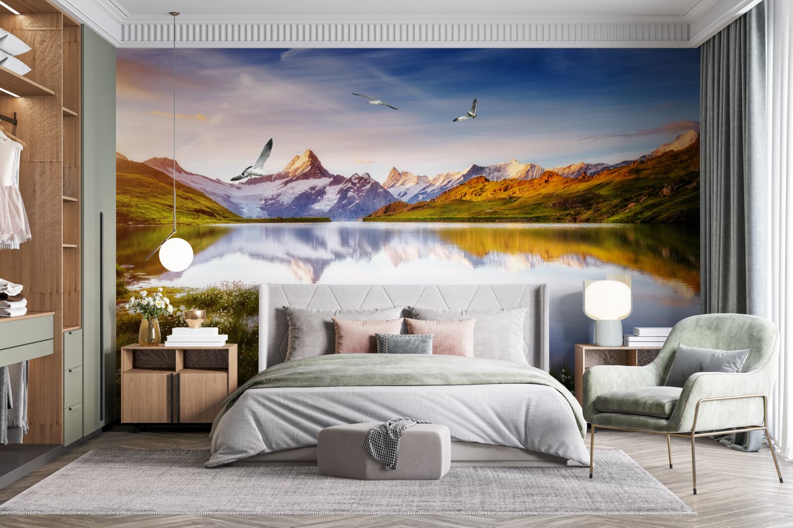 Fototapet apus de soare pe un râu de munte