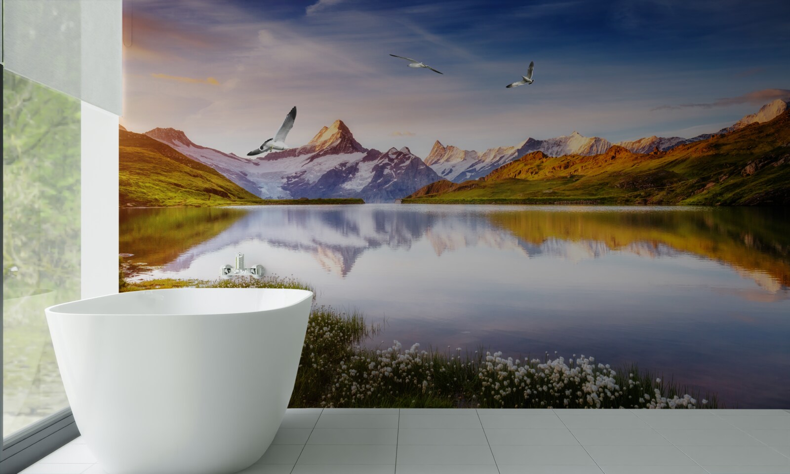 Fototapet apus de soare pe un râu de munte