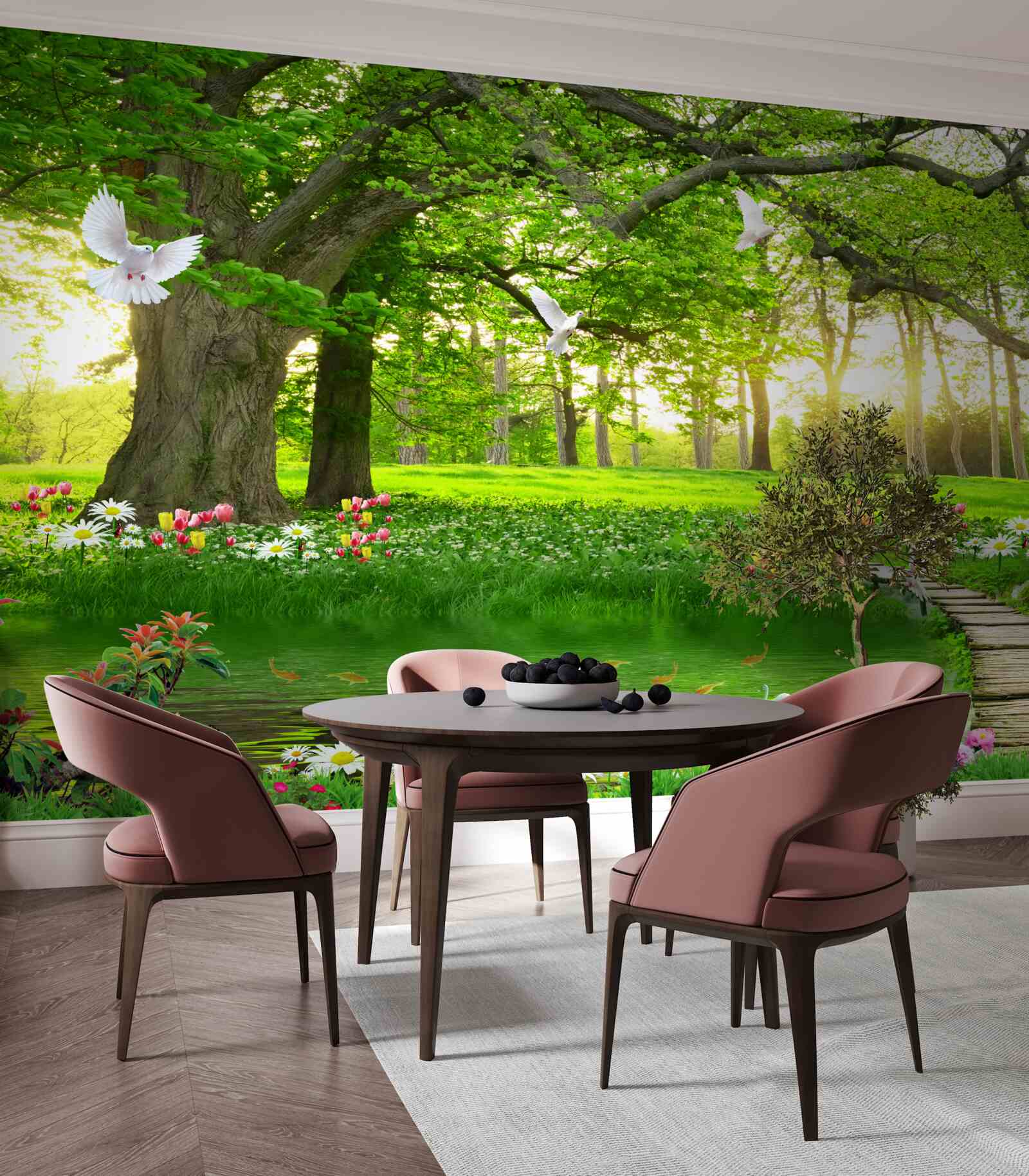 Fototapet în zori, pajiștea însorită este verde