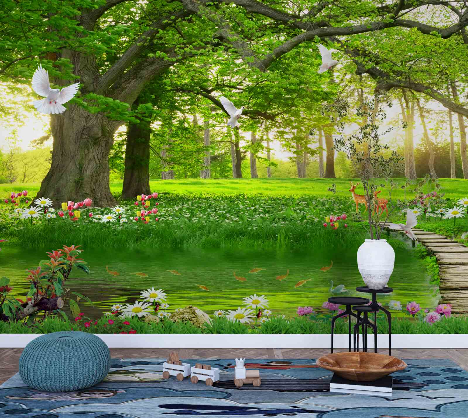 Fototapet în zori, pajiștea însorită este verde