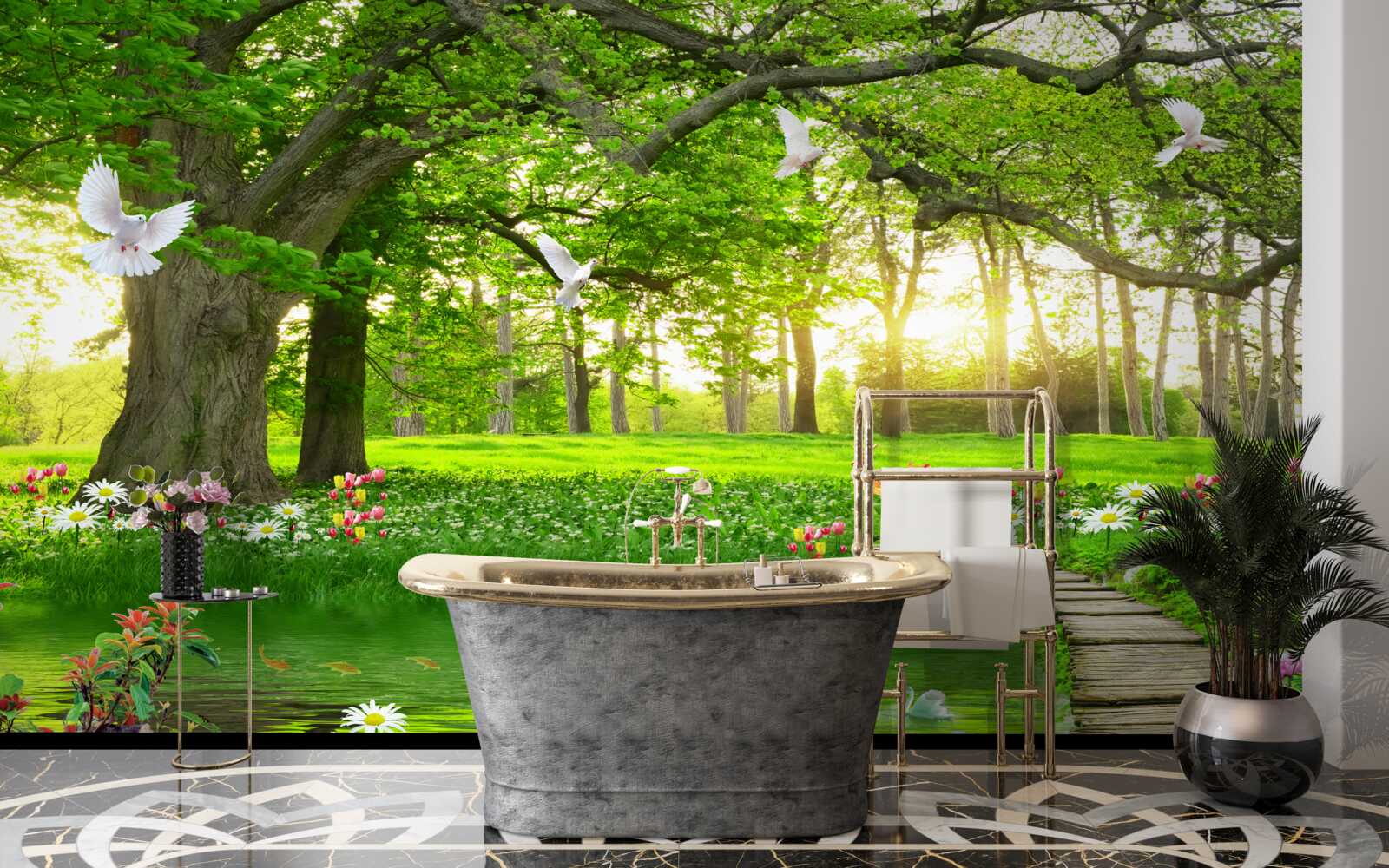 Fototapet în zori, pajiștea însorită este verde