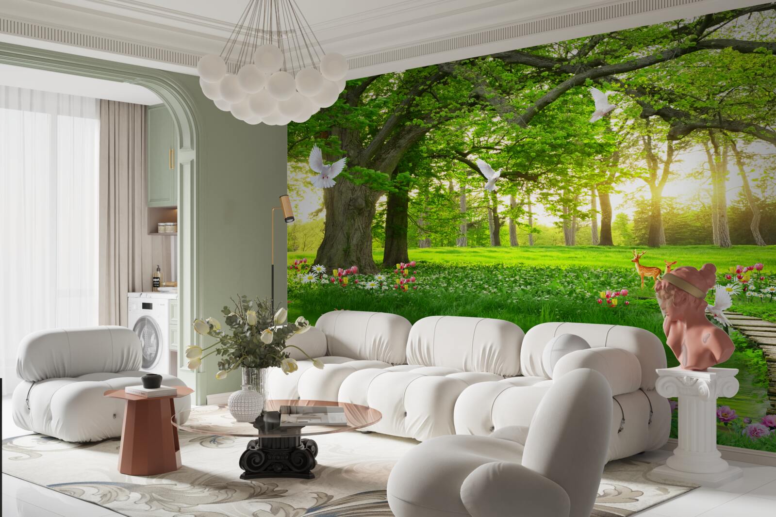 Fototapet în zori, pajiștea însorită este verde