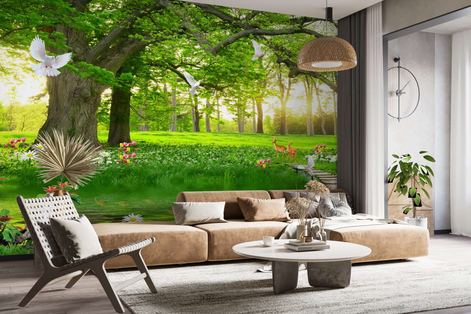 Fototapet în zori, pajiștea însorită este verde