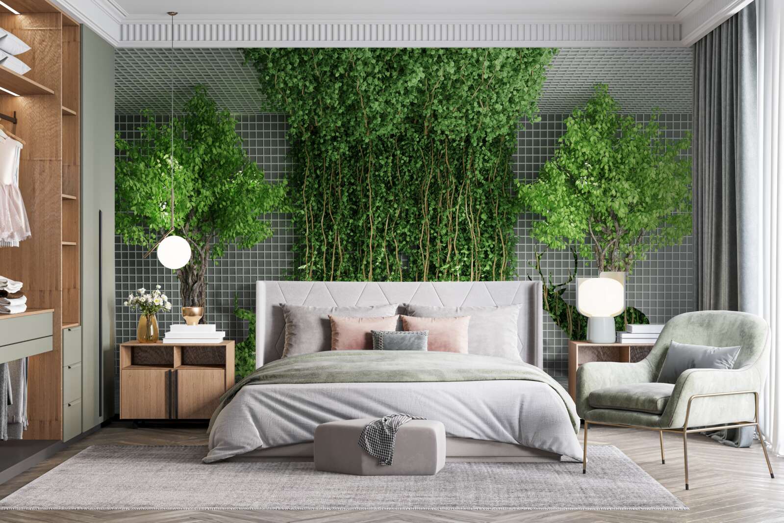 Fototapet pădurea verde înconjoară scena căprioarei