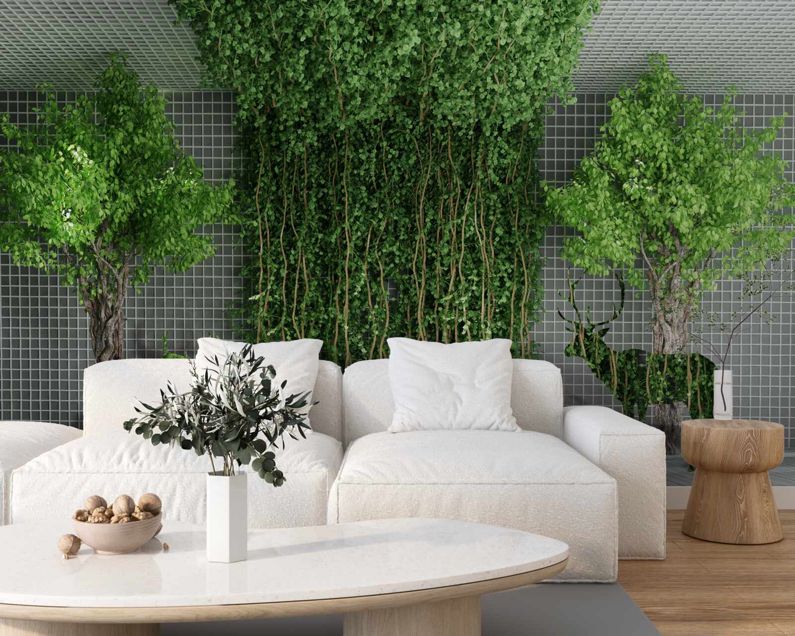 Fototapet pădurea verde înconjoară scena căprioarei