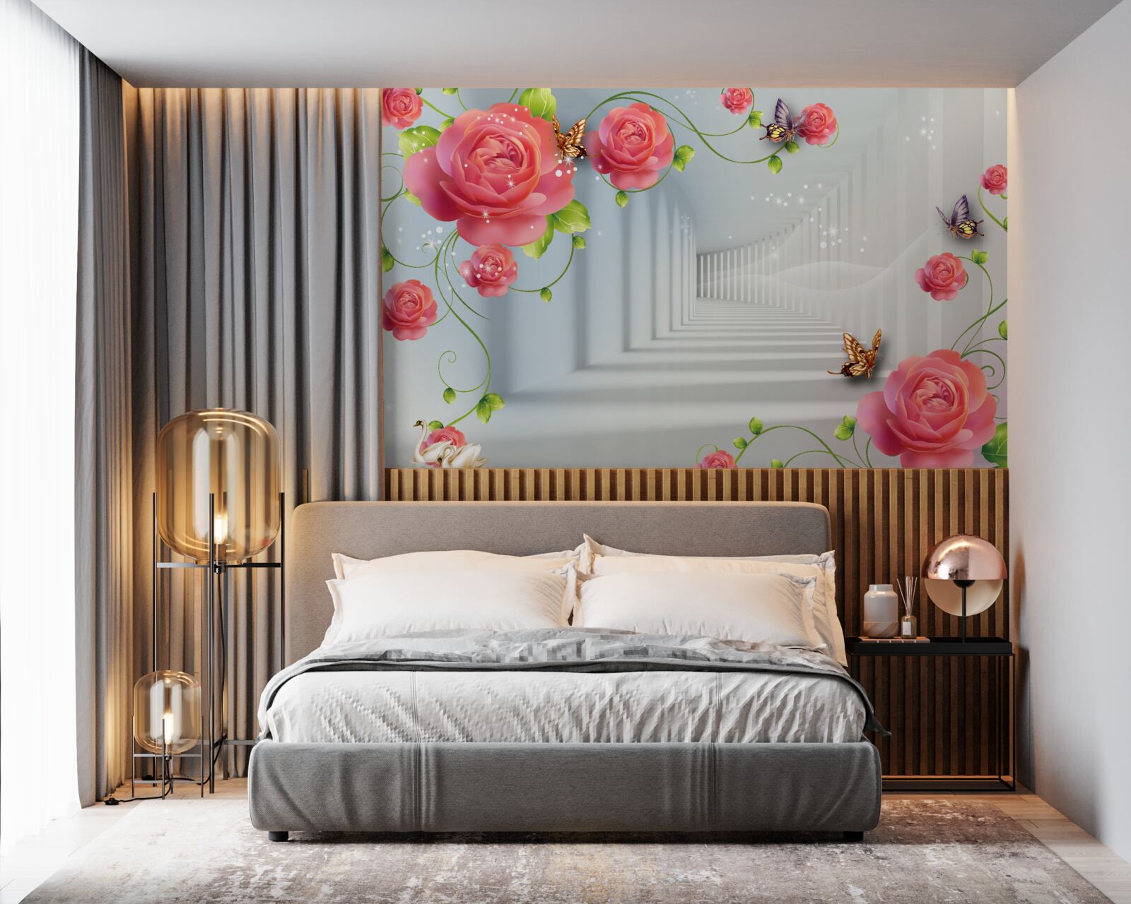 Fototapet în fața părinților se află trandafiri roșii