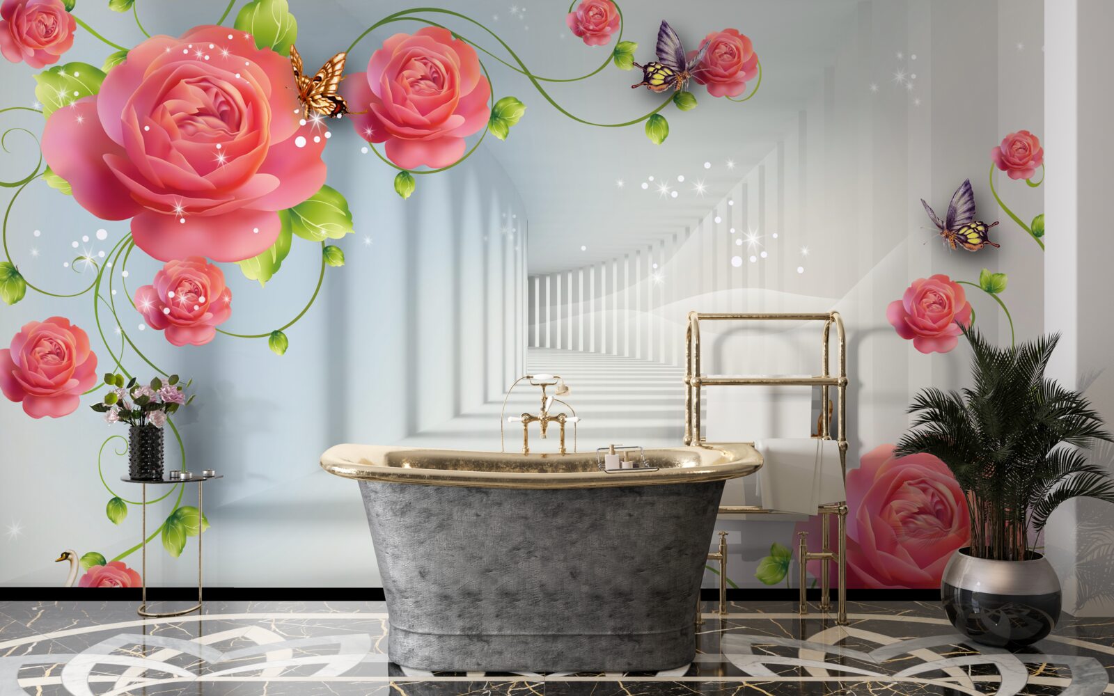 Fototapet în fața părinților se află trandafiri roșii