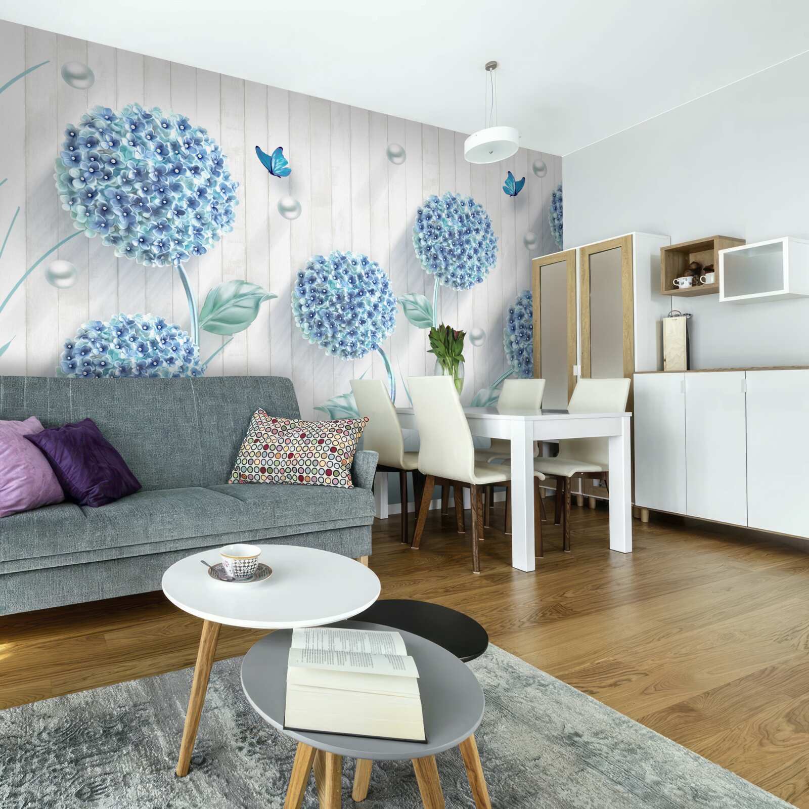 Fototapet fluturi și flori albastre neobișnuite