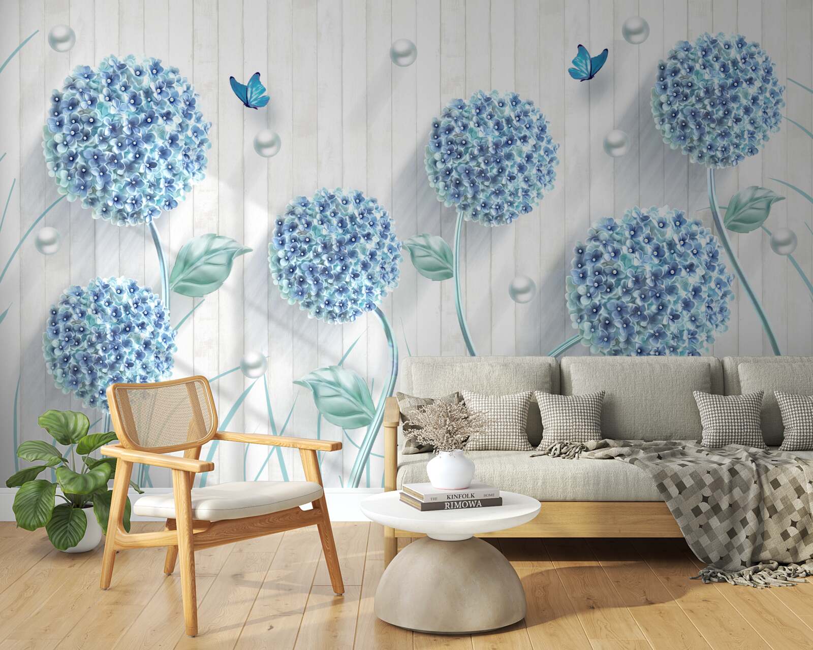 Fototapet fluturi și flori albastre neobișnuite