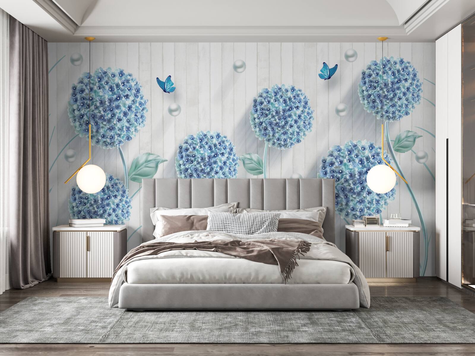 Fototapet fluturi și flori albastre neobișnuite