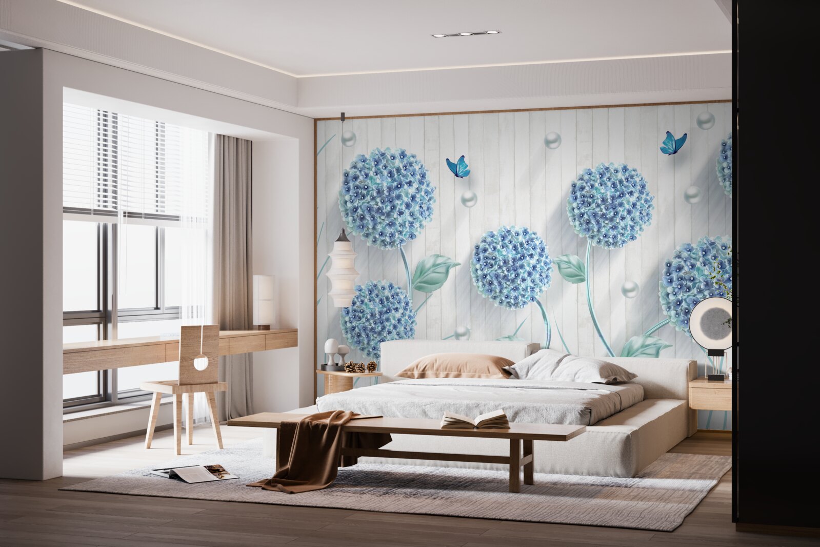 Fototapet fluturi și flori albastre neobișnuite