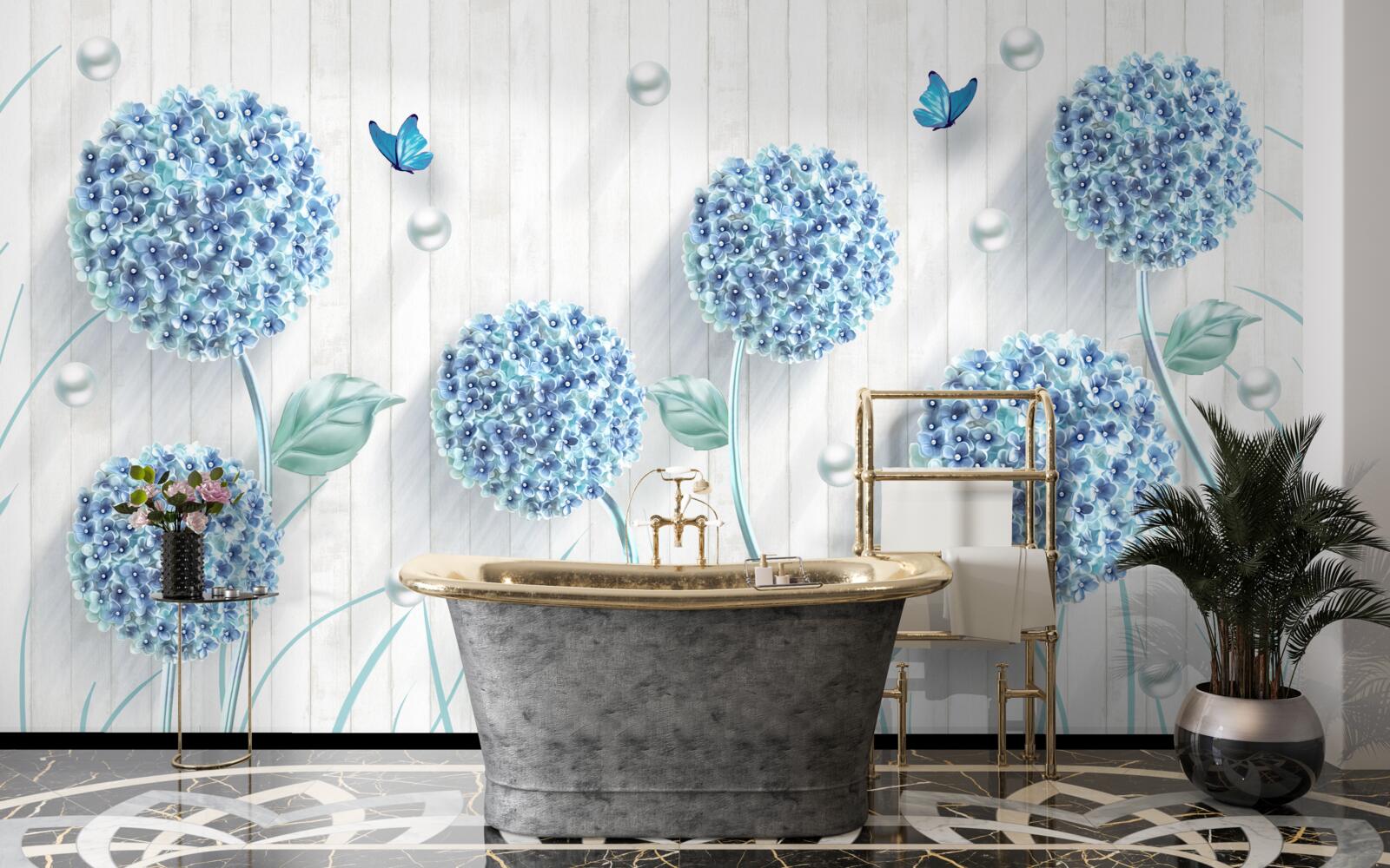 Fototapet fluturi și flori albastre neobișnuite