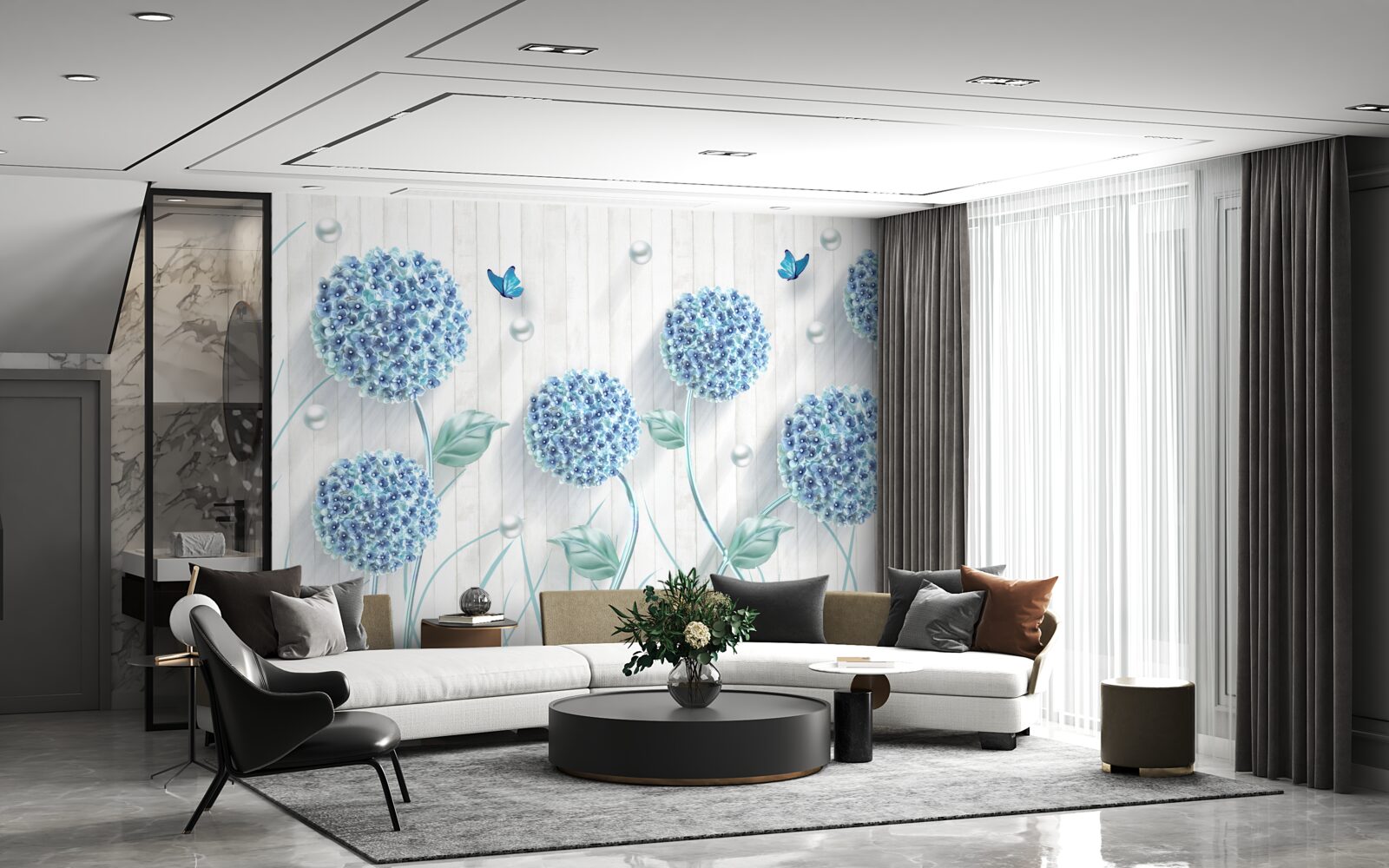 Fototapet fluturi și flori albastre neobișnuite